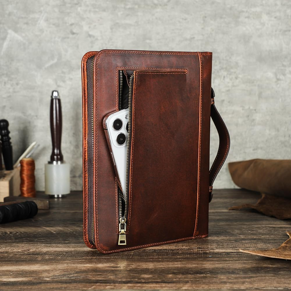 Contacts A5 Notepad Holder Full Grain Leather Portfolio for Work Legal Pad Padfolio Portable Notebook Folder with Zipper Closure and Handle image number 4