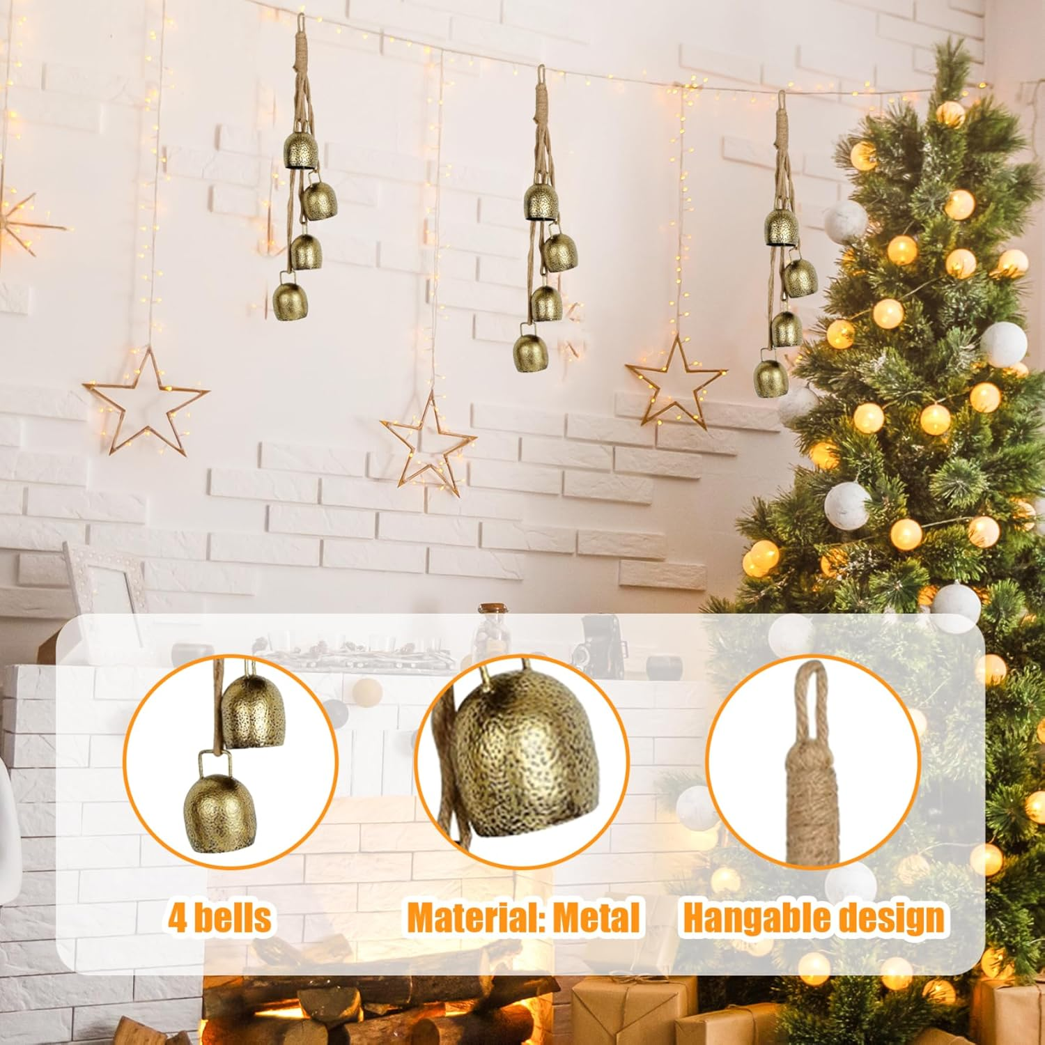 Christmas Bells Gold 42Cm Vintage Xmas Tree Decorations 4 Bells Rustic Hanging Cow Bells with Rope Bell for Door Garden Home Decor Lucky round Witch Bells image number 2