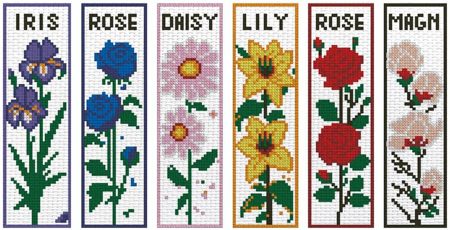6 Set Bookmark Cross Stitch Kits Stitch Bookmarks Cross Stitch Kits with Instructions 6 Flowers Pattern Punch Needle Kit for Beginners Bookmarks Making Kit image number 5