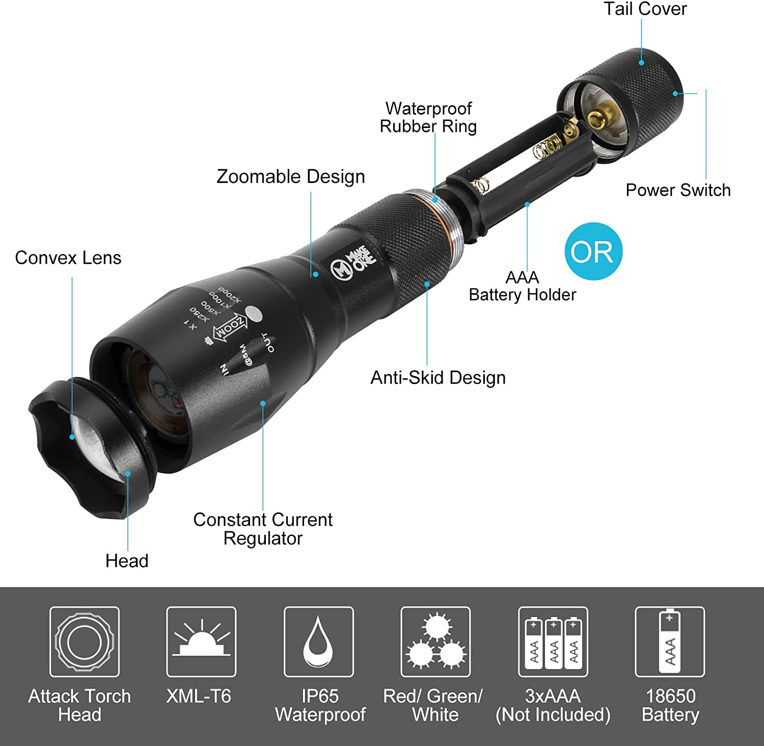 Red Green White Flashlight, 1000 Lumens Powerful LED Waterproof Adjustable Focus Tactical Torch for Fishing, Hiking, Camping, Caving, Outdoor Activities image number 4