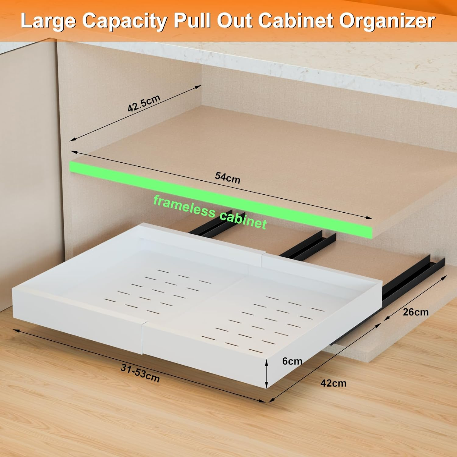 FLSEPAMB 2 Pack Pull Out Cabinet Organizer, Expandable Pull Out Kitchen Cabinet Organizer（31Cm to 53Cm W）, Pull Out Drawers with Adhesive Film for Kitchen Cabinet,Laundry, Pantry, Bathroom