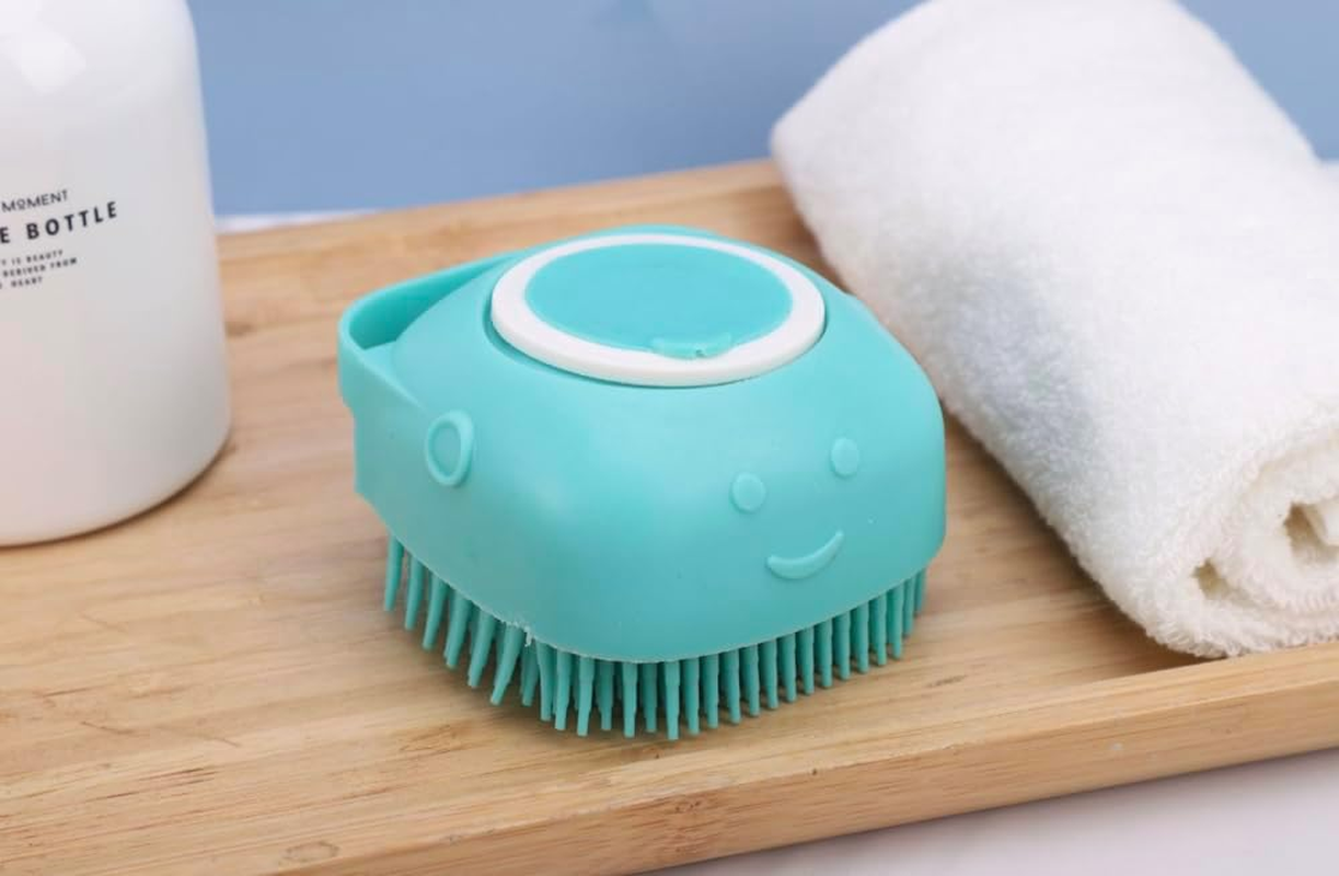 Dog Bath Brush - MISTHIS Pet Massage Brush Shampoo Dispenser Soft Silicone Brush Rubber Bristle for Dogs and Cats Shower Grooming(Blue)