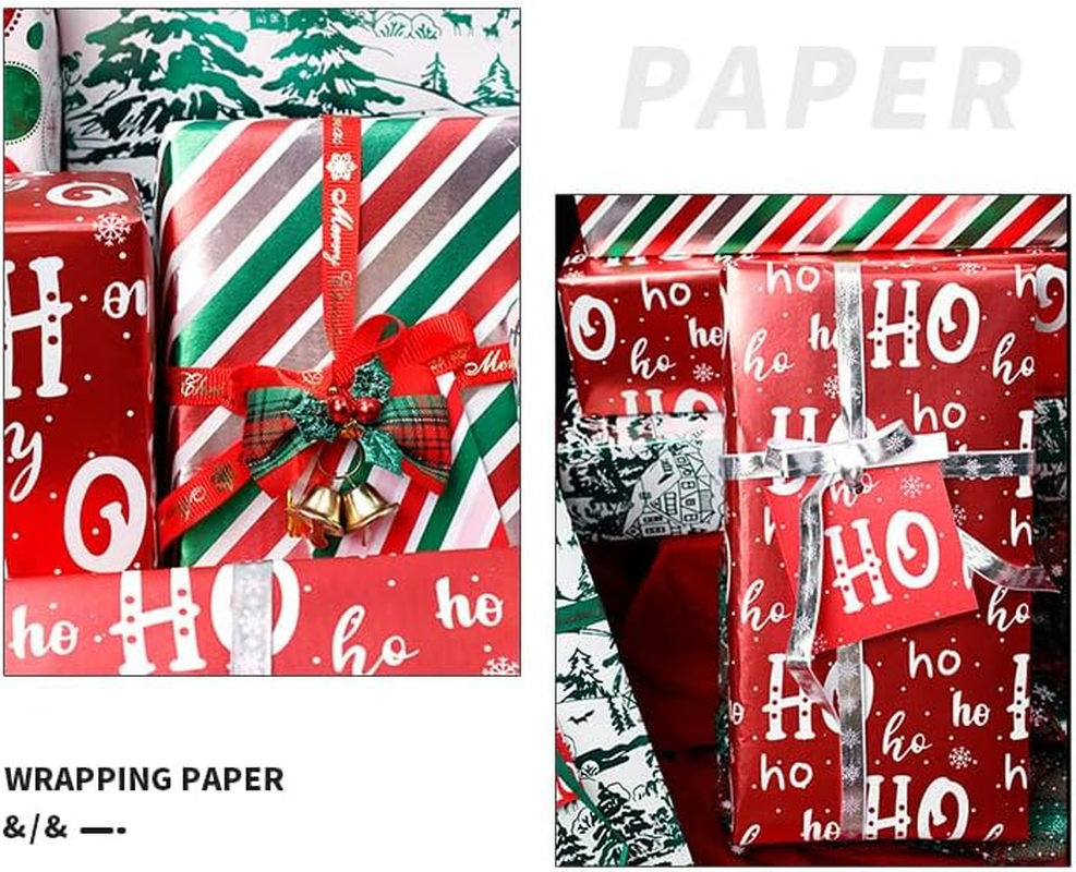 SUPNBDM Christmas Wrapping Paper, Kraft Wrapping Paper for Xmas Day,3 Rolls, 45Cm Width 3M Length Each,With Classical Xmas Pattern Lucky Red,Christmas Wedding Birthday Gift Wrapping Paper (Red, Green) image number 2
