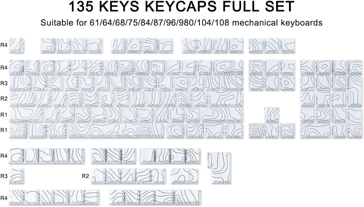 Tsungup Custom Keycaps,Pbt Side Printed Keycap Set - Shine Through,135 Keys Contour Line Cool Key Caps,Cherry Profile Keyboard Keycaps for Cherry MX Switches Mechanical Keyboards(White) - White image number 4