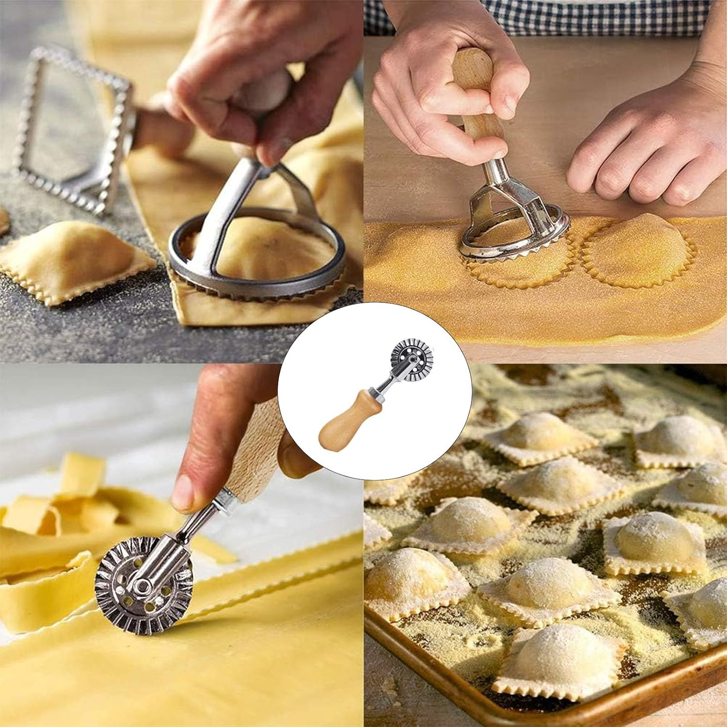 Ravioli Stamp Maker Cutter with Roller Wheel Set of 5, Wooden Handle Ravioli Maker Cutter with Roller Wheel, Pasta Press Wheel Dumplings Maker Tools image number 4