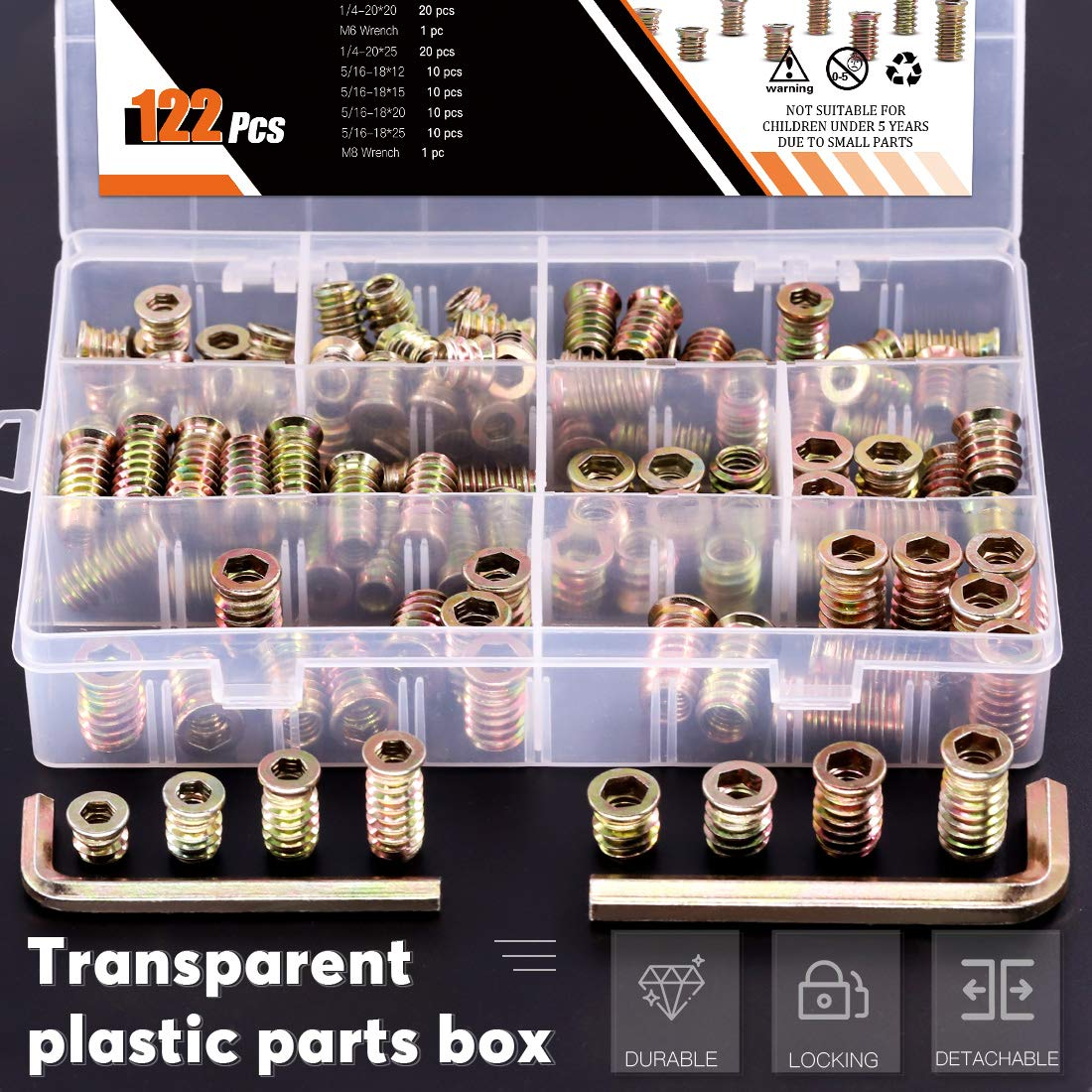 Rustark 120 Pcs 1/4" and 5/16" Carbon Steel Zinc Plated Color Threaded Insert Nuts Assortment Set Screw-In Nut Hex Socket Drive Wood Bolt Fastener Connector for Wooden Furniture image number 6