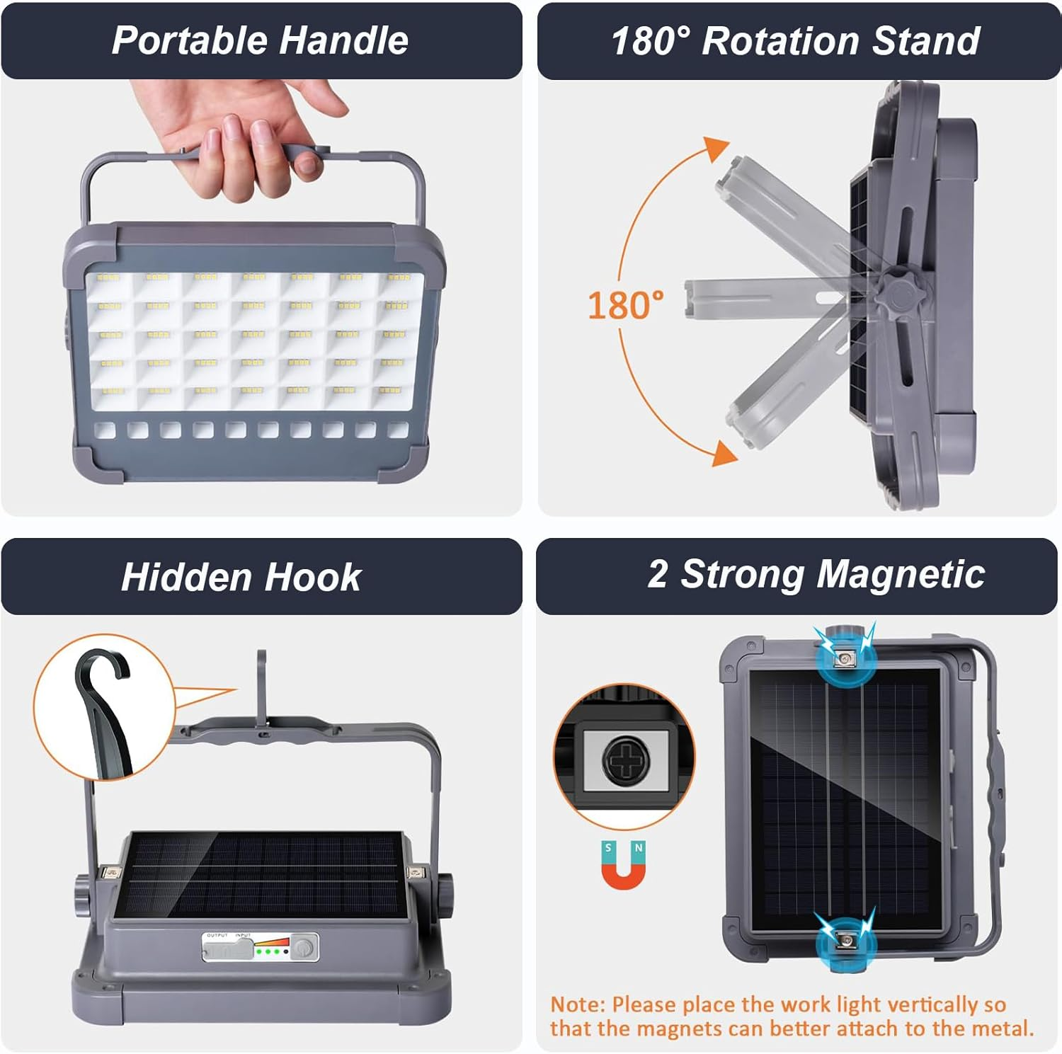 LED Solar Work Light 100W Portable Worklights with 5Modes Rechargeable Flood Light Waterproof Outdoor Working Lamp for Camping Garage Car Repairing Construction Site Lighting image number 3