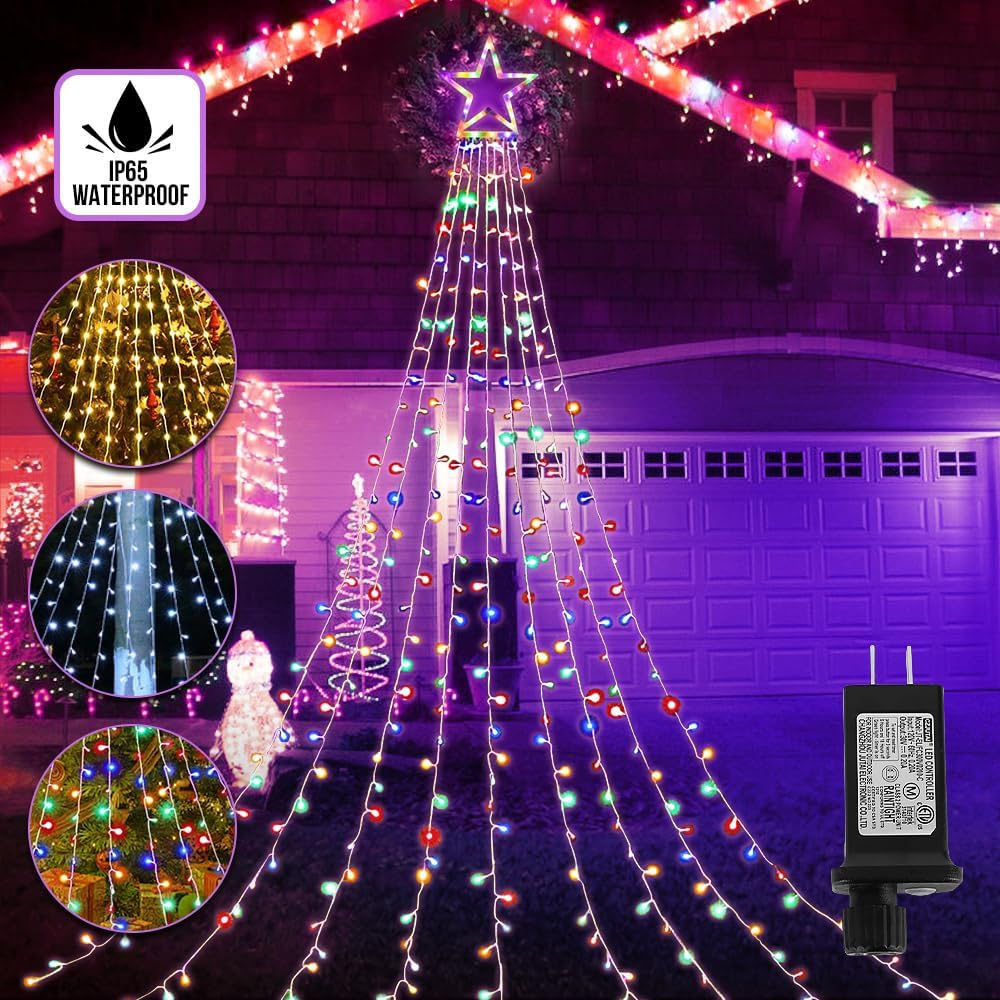 WOTOW Christmas String IP65 Waterfall Lights with 317 LED Star Hanging Twinkle Fairy Curtain Lights for Party Wedding Patio Indoor Outdoor Decorative Water Flow Lights Multi-Color image number 4