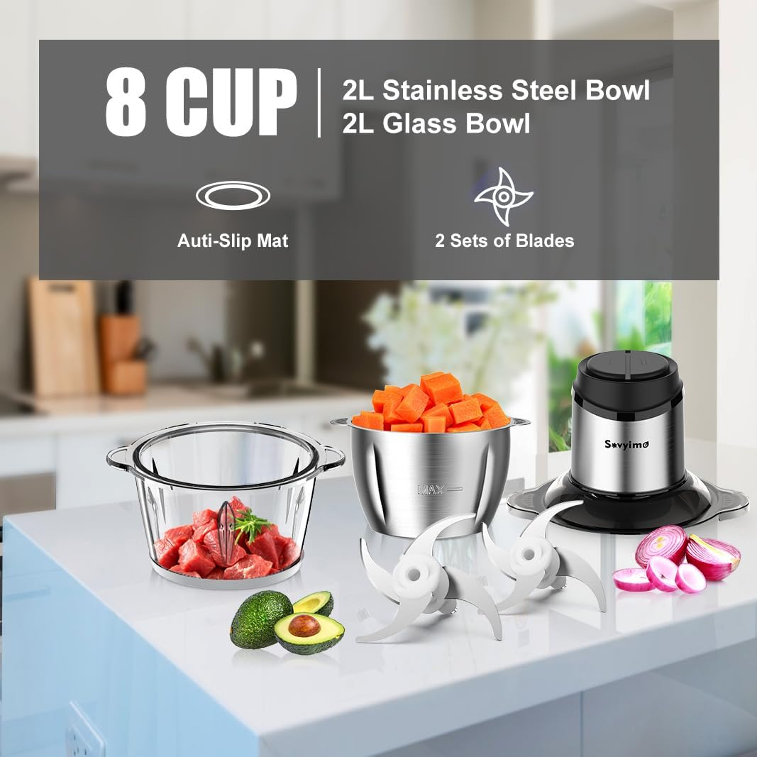 Sovyime Food Processor with 2 Bowls(2L+2L), Food Chopper with 2 Sets Bi-Level Blades, Mini Food Processor Vegetable Chopper Meat Grinder for Kitchen Electric Mini Chooper for Onion Salad Garlic Fruit