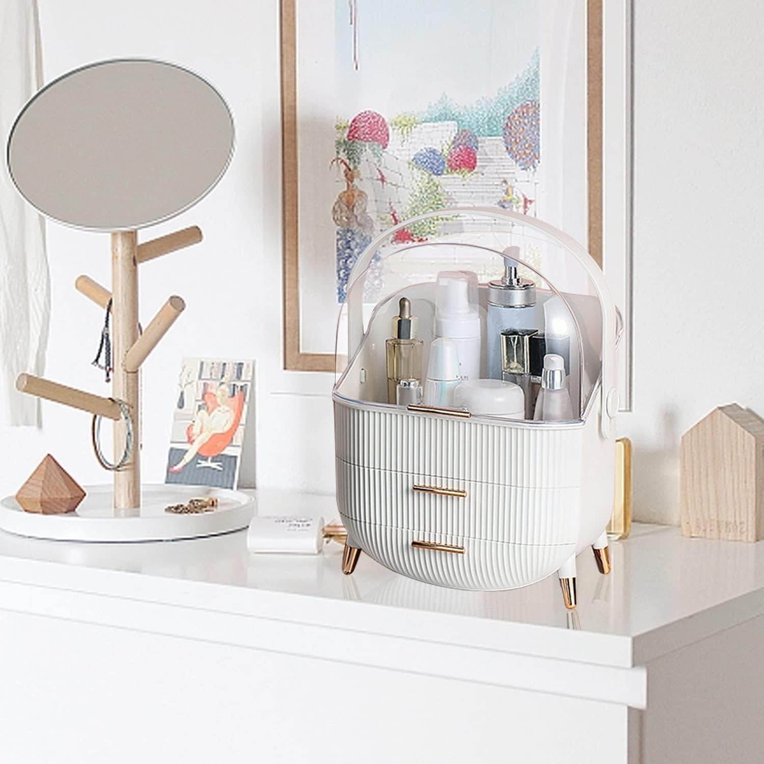 Makeup Storage Organizer,Clear Cover Cosmetic Display Case with Two Tier Storage Box and Brush Storage Box, Skincare Organizers for Bathroom Countertop,Bedroom Vanity Desk and Travel, White&hellip; image number 1