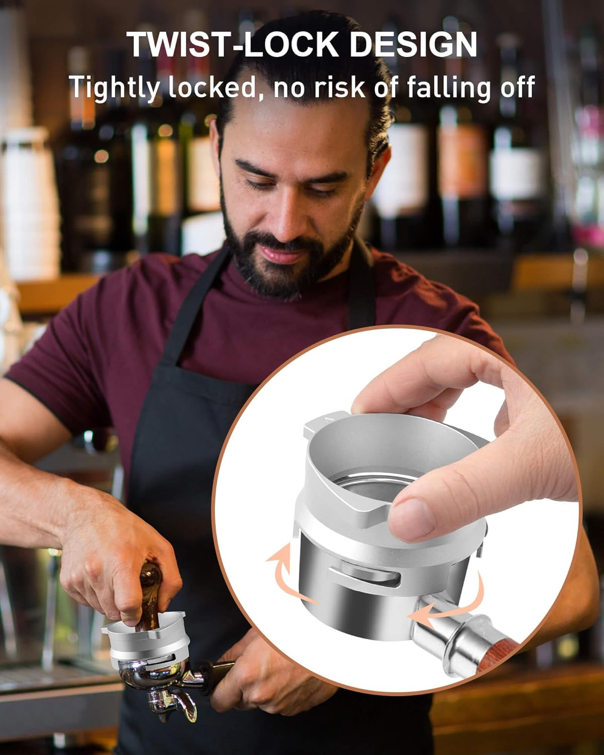 Vomika 54Mm Coffee Dosing Funnel, Hands-Free Aluminum Dosing Ring & 53.5Mm Stainless Steel Puck Screen, Espresso Accessories Suitable for 54Mm Breville Barista Portafilters, with Grinding Trigger image number 2