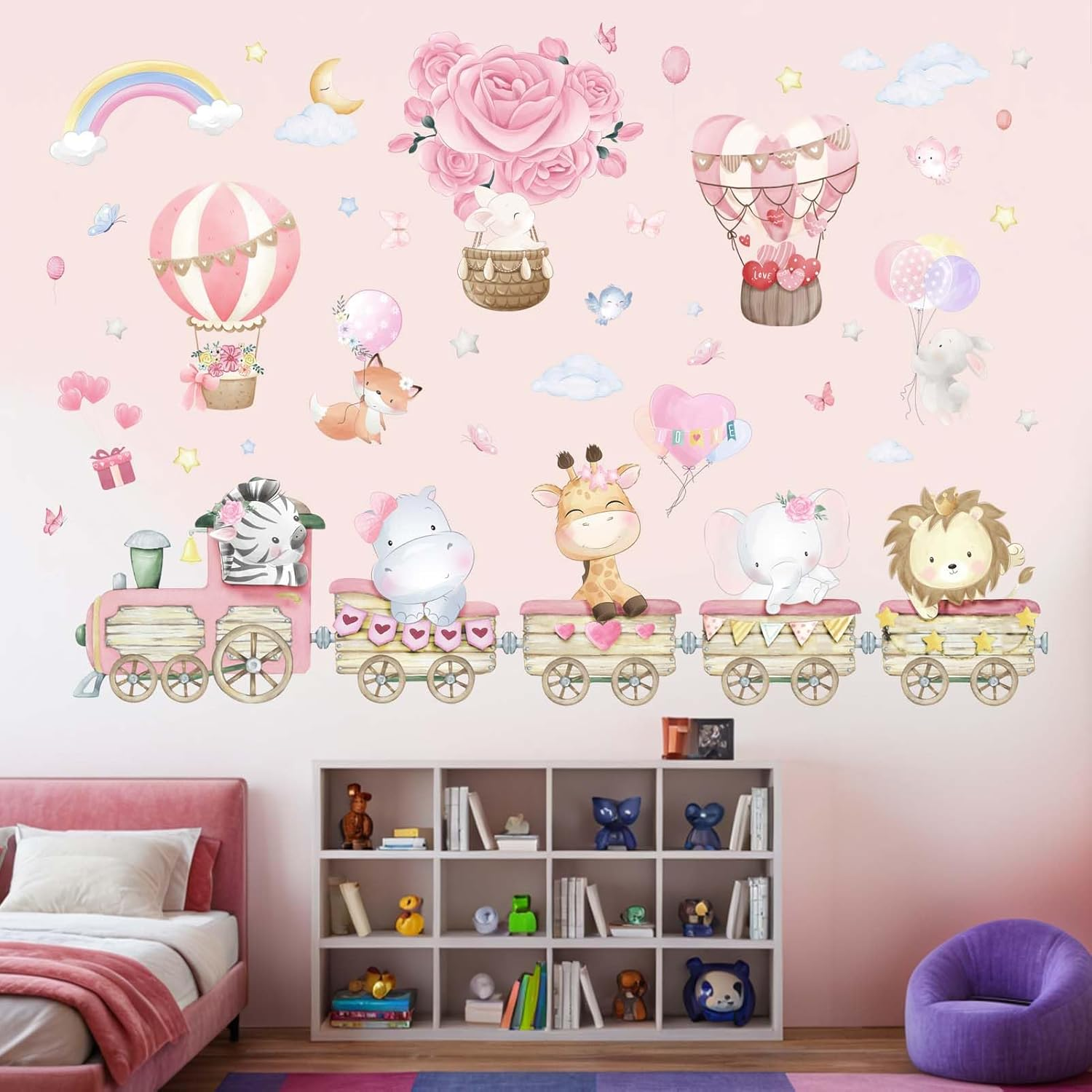 Amimagen Hot Air Balloon Animal Wall Stickers - Elephant Lion Giraffe Train Animal Wall Decals - Baby Nursery Kids Girls Bedroom Daycare Wall Decor image number 2