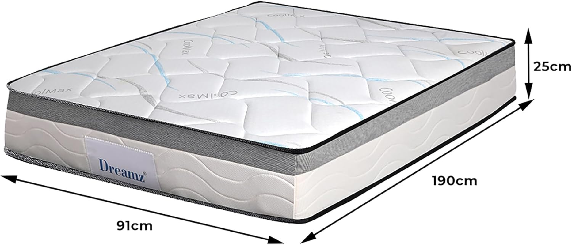 Dreamz Single Spring Mattress Knitted Fabric, Hypo-Allergenic Materials, Pocket Spring System, HD Foam Medium Firm Coil Bedding Tight Top, 25CM Thickness, Breathable Top,15Yrs Warranty, White image number 2