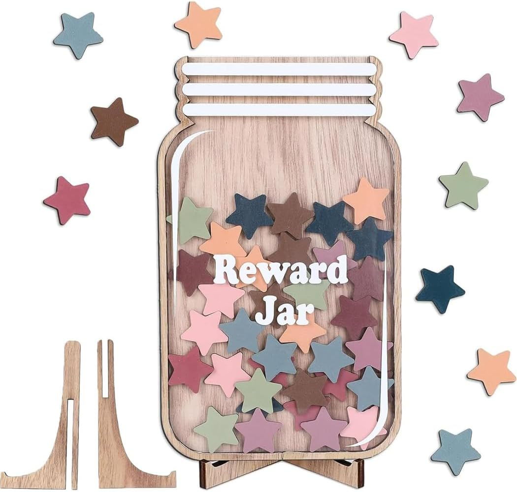 Wooden Reward Jar for Kids Daisy Flower Cutouts Positive Incentive Behavior Chart with Base Management Tools Decoration Reward System for Student Teacher School Classroom Supplies (Stars) image number 2