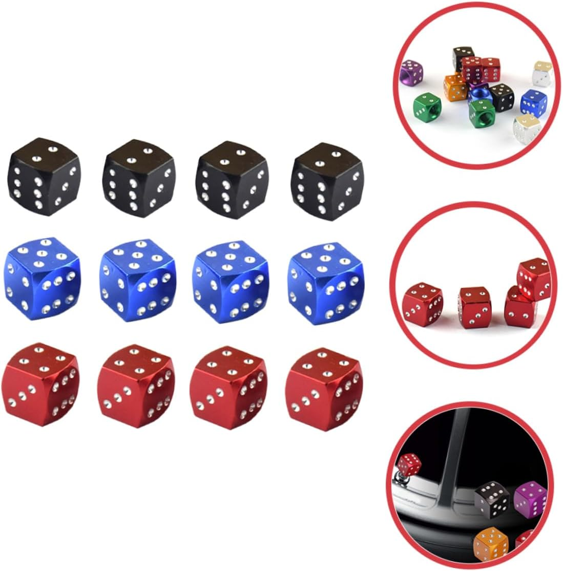 BUGUUYO 12Pcs Aluminum Alloy Dice Style Valve Stem Caps Universal Tire Valve Caps for Cars and Trucks, Multi-Color Set Black Red Blue, Lightweight and Airtight Seal Accessories for Automotive Wheels image number 2
