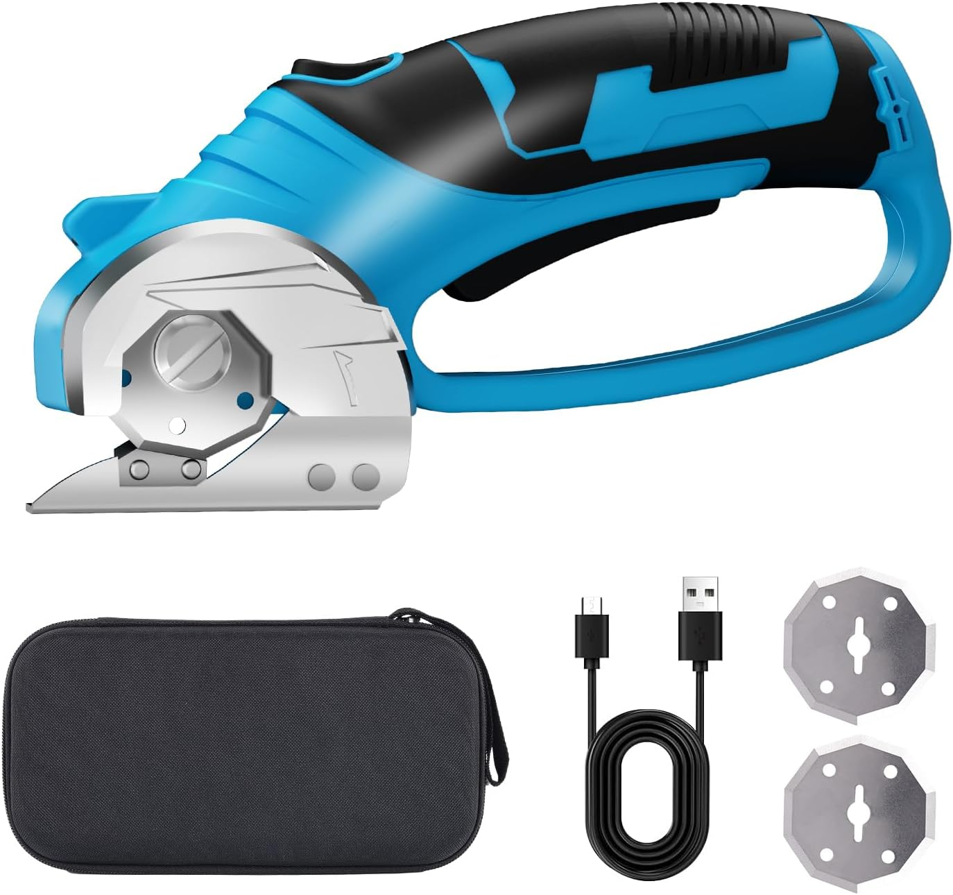 SWNEPOF Cordless Electric Scissors, 4V Rechargeable Fabric Cutter with Safety Lock & Light, Heavy Duty Power Rotary Cutter for Leather, Carpet, Cardboard, Sewing & Crafting, 2 X Blades (Blue) image number 4
