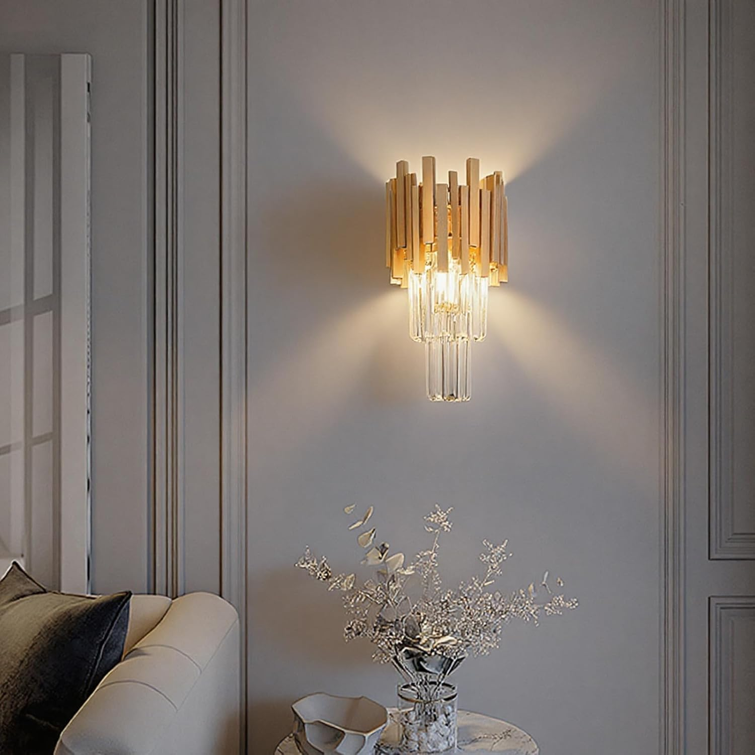 USOR Gold Crystal Wall Light Modern Crystal Wall Mount Lighting Fixture Pendant Wall Sconce for Bedroom Living Room Hallway