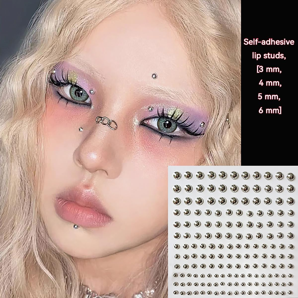 HONGCAUP 2 Sheets Fake Lip Nail Fake Nose Nail Fake Lip Ring Fake Lip Piercing Fake Piercing Ball Fake Belly Button Nail, Self-Adhesive Fake Lip Piercing Gemstone Stickers Silver, Plastic, No Gemstone