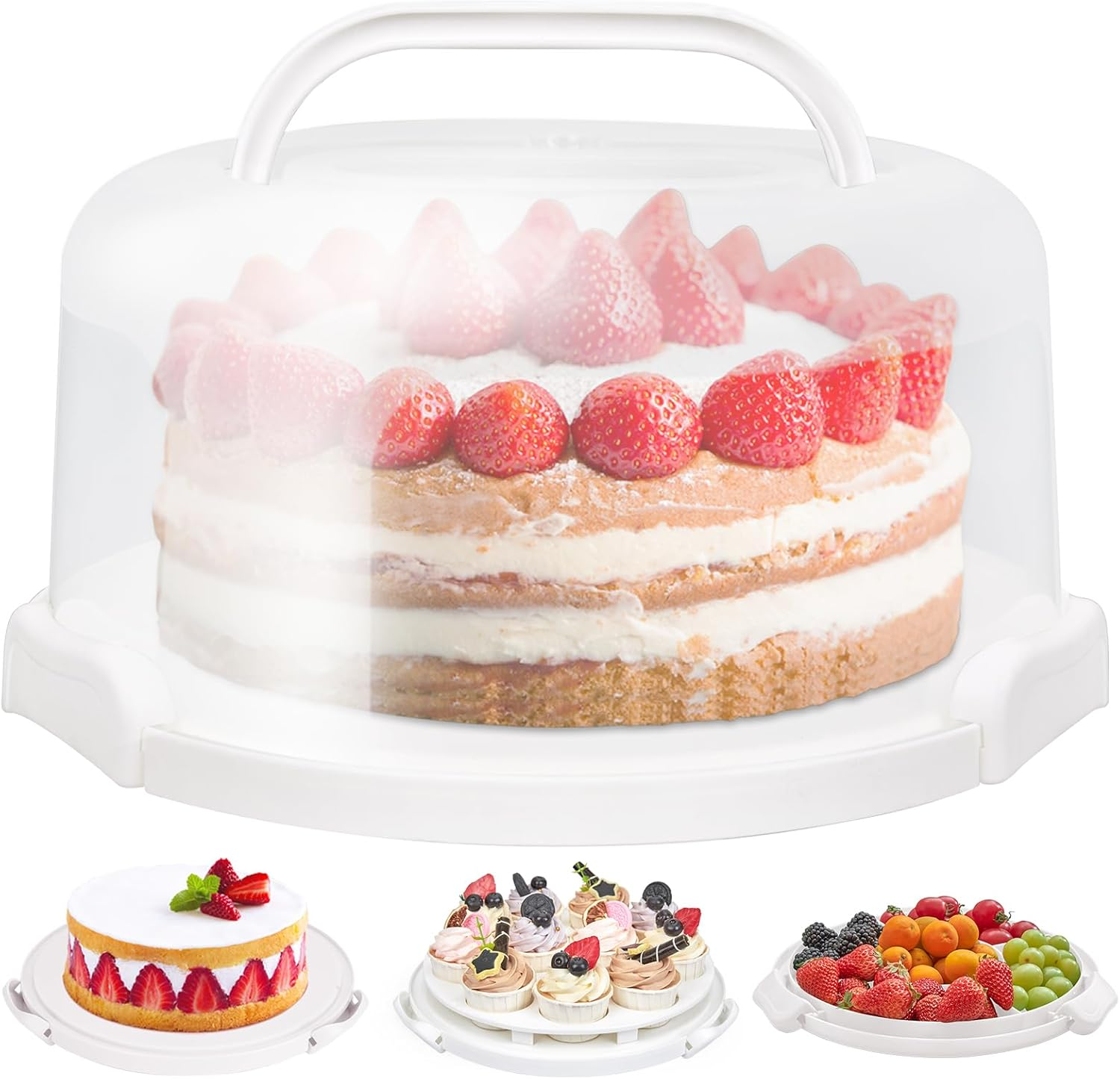 Ohuhu Cake Container, Cake Carrier with Lid and Handle Bpa-Free Cake Holder for 10 Inch Cake with 2 Handles Cupcake Carrier - Plastic Cover Two Sided Base for Transport Pies Nuts Fruit image number 4