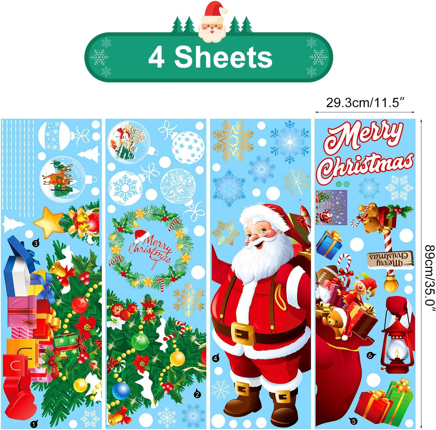 HEEKPEK Christmas Window Decorations Cute Large Santa Christmas Window Clings Christmas Window Stickers Xmas Window Decals for Glass Window Christmas Tree Snowflake Double Sided Holiday Party Stickers