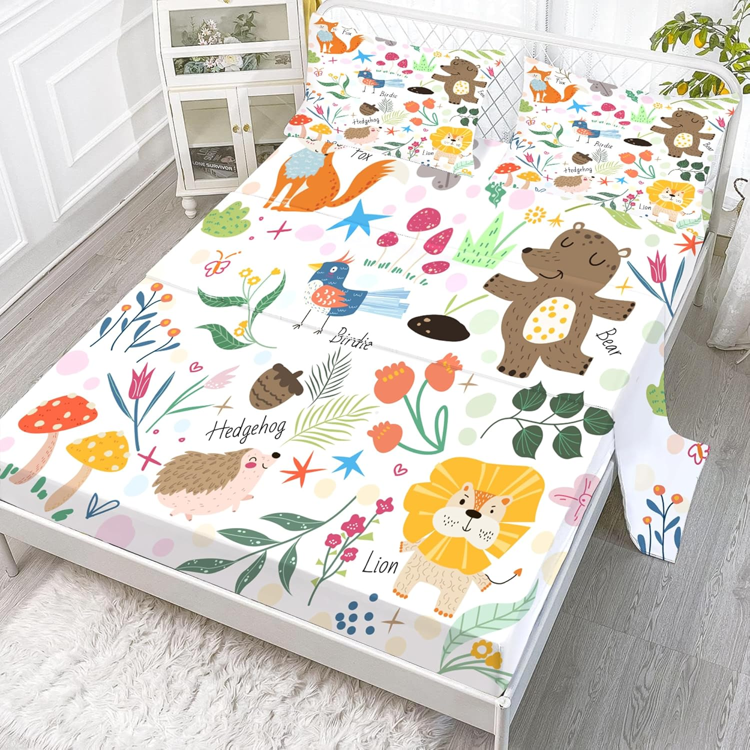 EDGZKO Sheet Set Cartoon Animals: Queen Size Cute Bed Sheets for Toddler Girls Boys Kids Deep Pocket Lovely Fox Bear Lion Flowers 4 Piece Bedding Sets 1 Flat Sheet & 1 Fitted Sheet & 2 Pillowcases image number 5