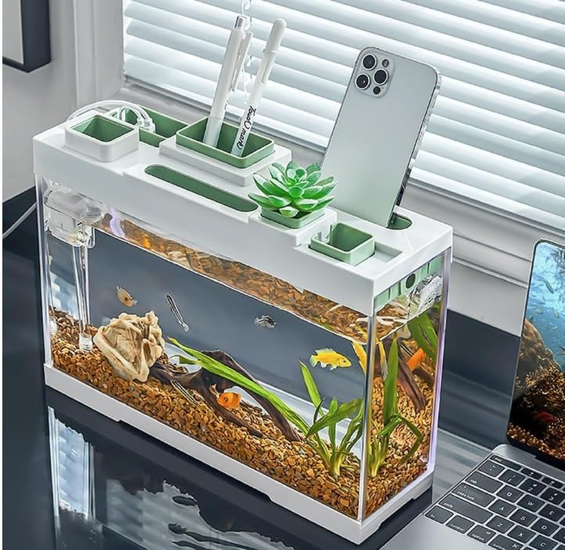 Tabletop Storage Fish Tank - 2 Gallon (9L) Extremely Narrow High Definition Acrylic Aquarium with Silent Pump Filtration System and LED Lights (Greener) image number 6