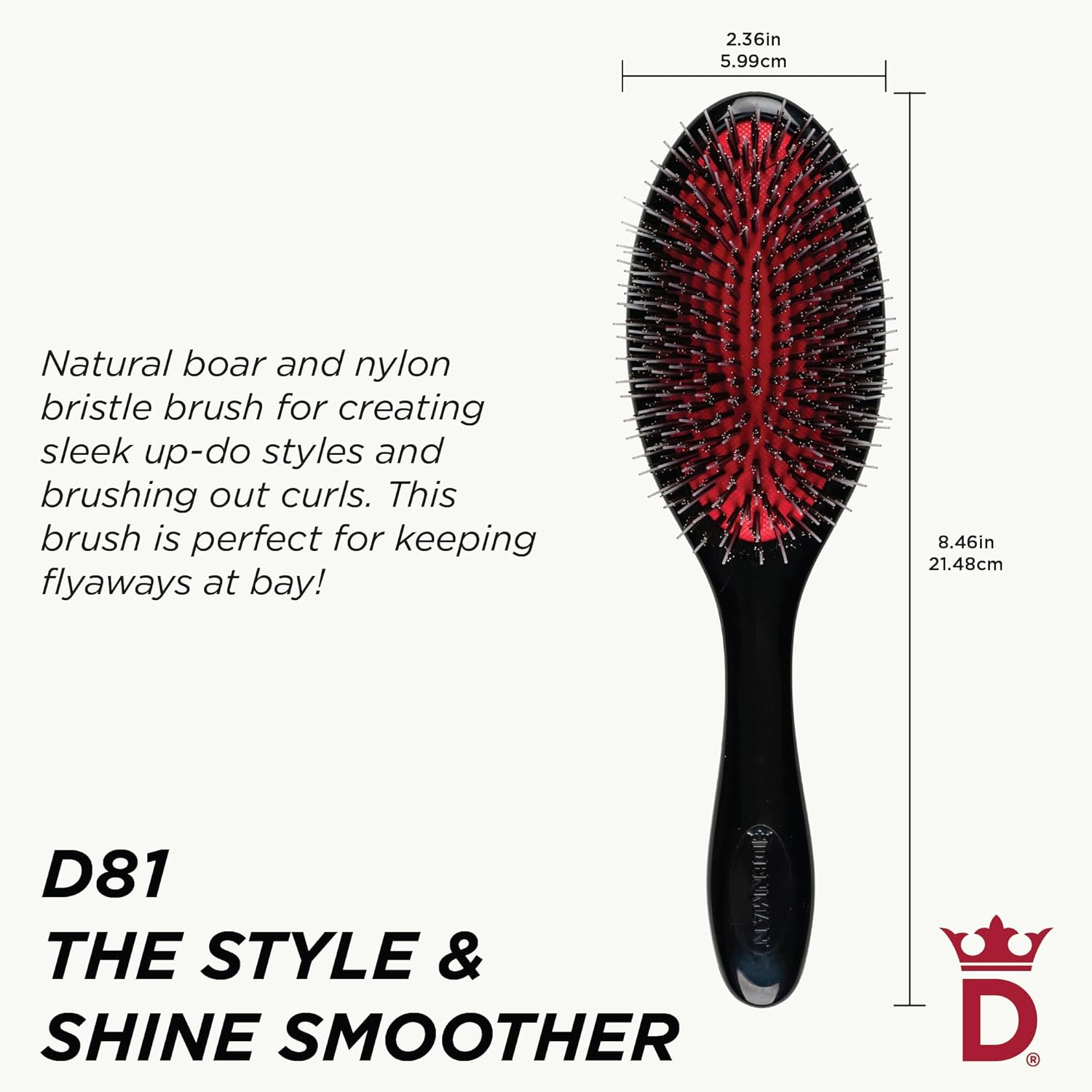 Denman D81M Natural Bristle Nylon Quill Medium Black Brush image number 2