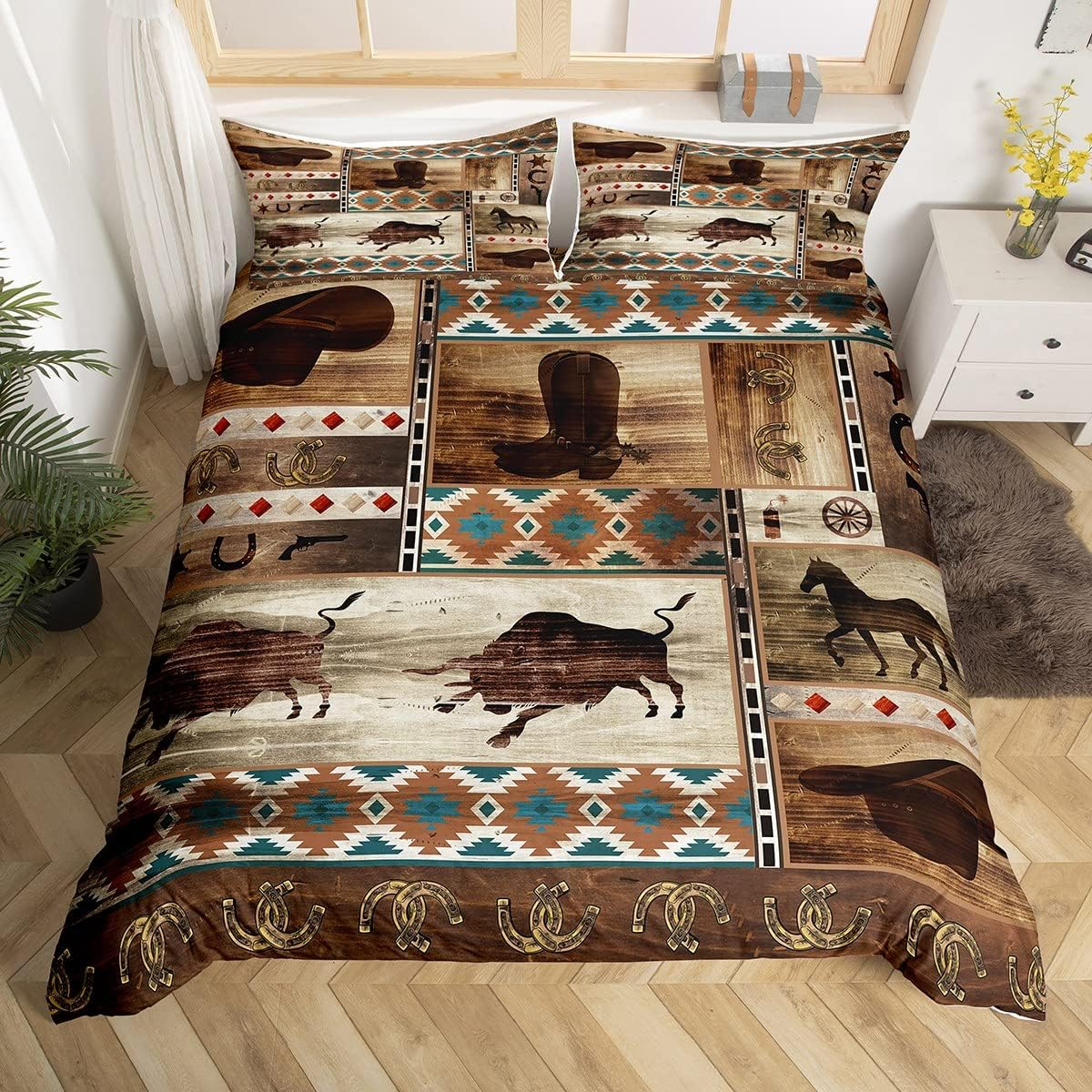 Western Cowboy Bed Linen Sets Bull Horse 155 X 220 Cm Duvet Cover for Boys Men Boho Aztec Comforter Cover Rustic Farmhouse Horseshoe Bed Set 1 Pillowcase Retro Brown Southwestern Room Decor image number 2