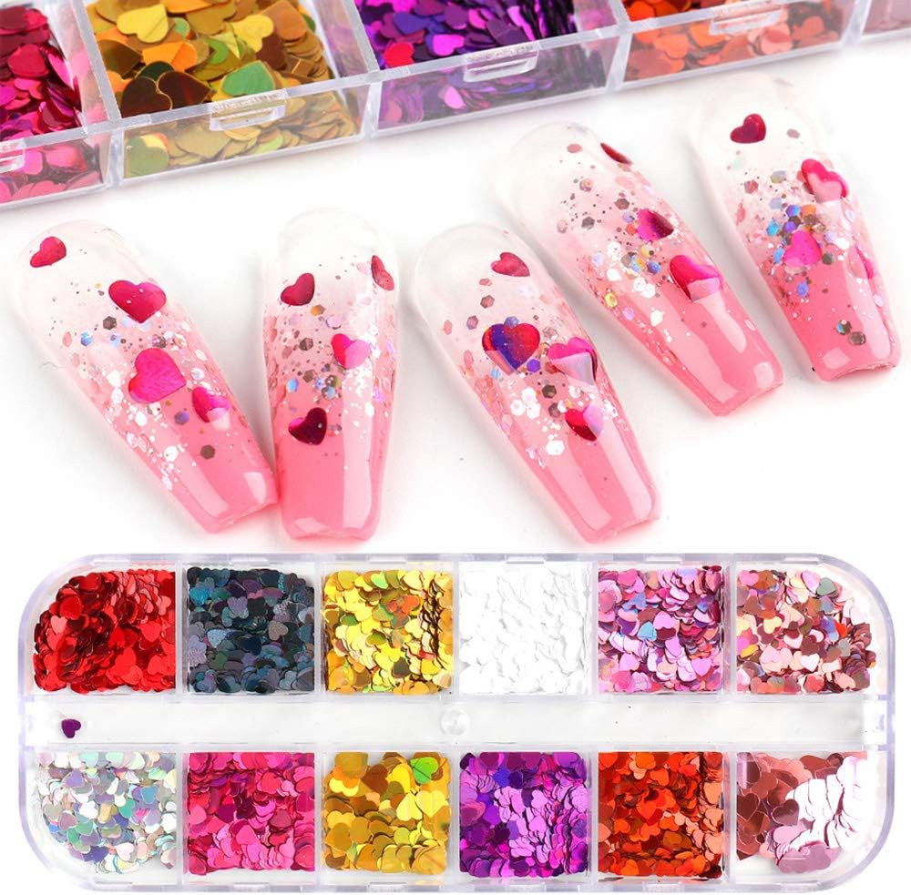 Macute Heart Nail Glitter Sequins Set of 24 Colors Holographic Heart Nail Confetti 3D Laser Heart Shape Nail Decals Flakes Ultra-Thin Nail Accessory Glitters Heart for Nail Art Decor Valentine&rsquo;S Day image number 3