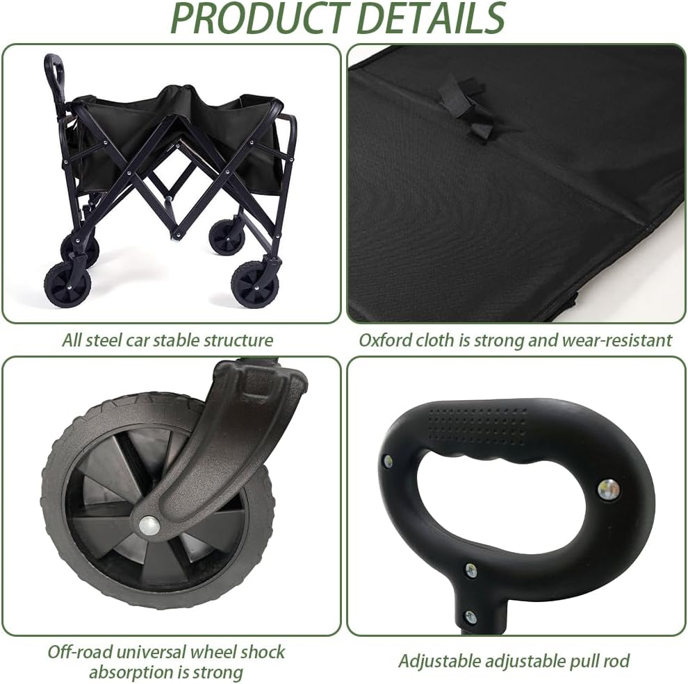 Collapsible Camping Cart with 360 Degree Swivel Wheels & Adjustable Handle, Heavy Duty Utility Wagon, Collapsible Wagon Cart, Folding Trolley Swivel Wheels Transport Cart, 150Kg Weight Capacity