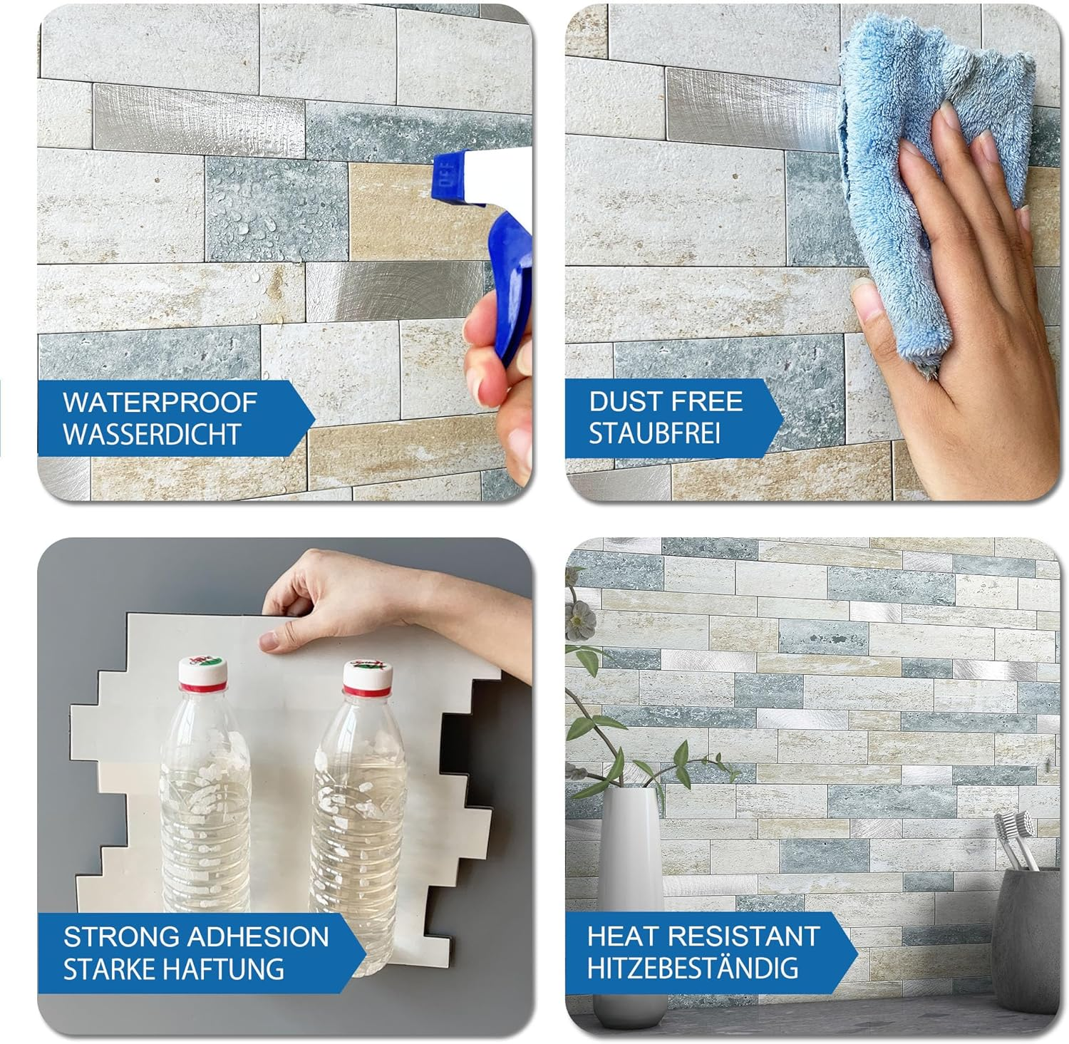 M MOFIT Backsplash Tile for Kitchen Peel and Stick Stone Matte Finish,Bathroom Tiles Stickers 3D Wall Panel Linear Mosaic Marble Backsplash Waterproof(10Sheets,Blue Green Gray)