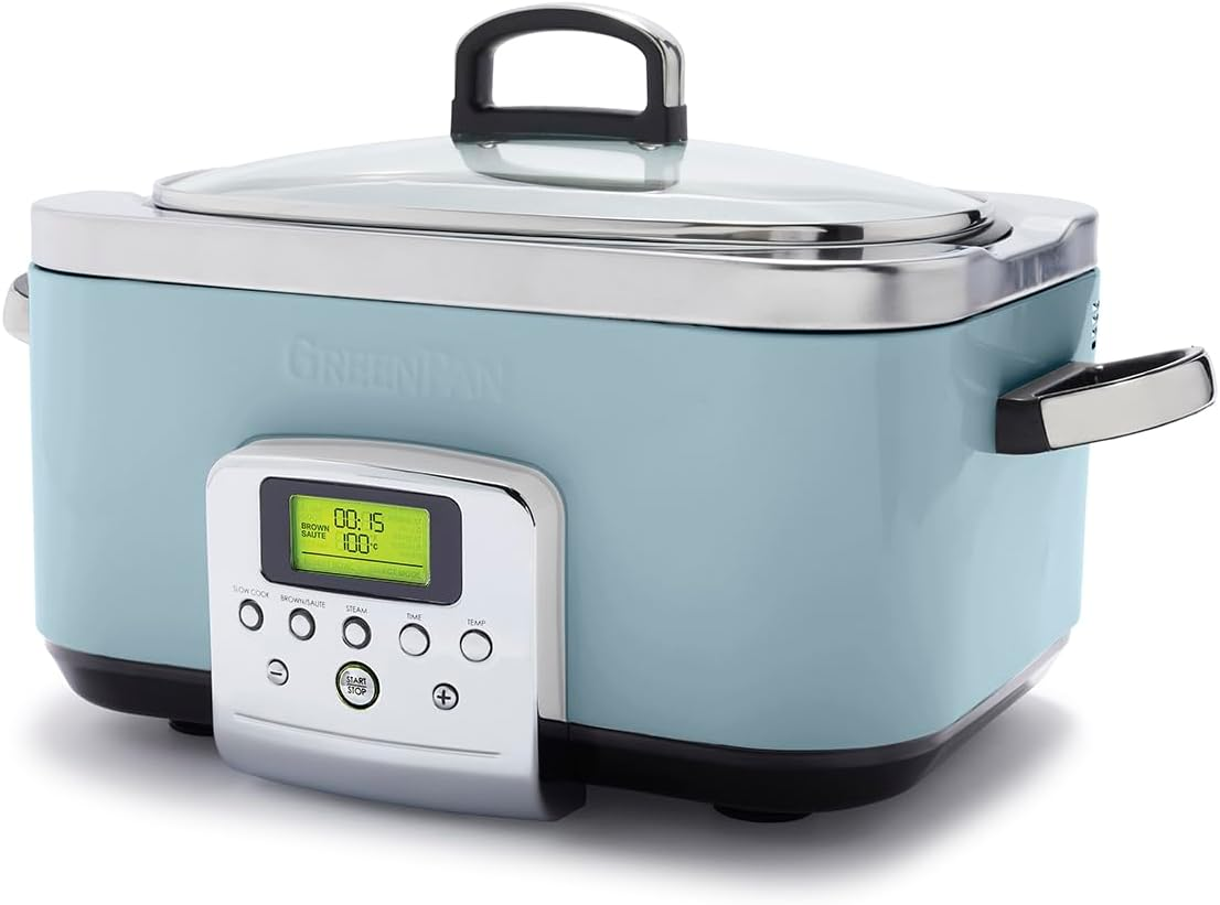 Greenpan Slow Cooker Blue Haze, 6L Dishwasher Safe Pot, Vibrant LCD Display, Easy One-Touch Presets, One-Step Browing, Extra-Tough Exterior, Countertop Friendly image number 5