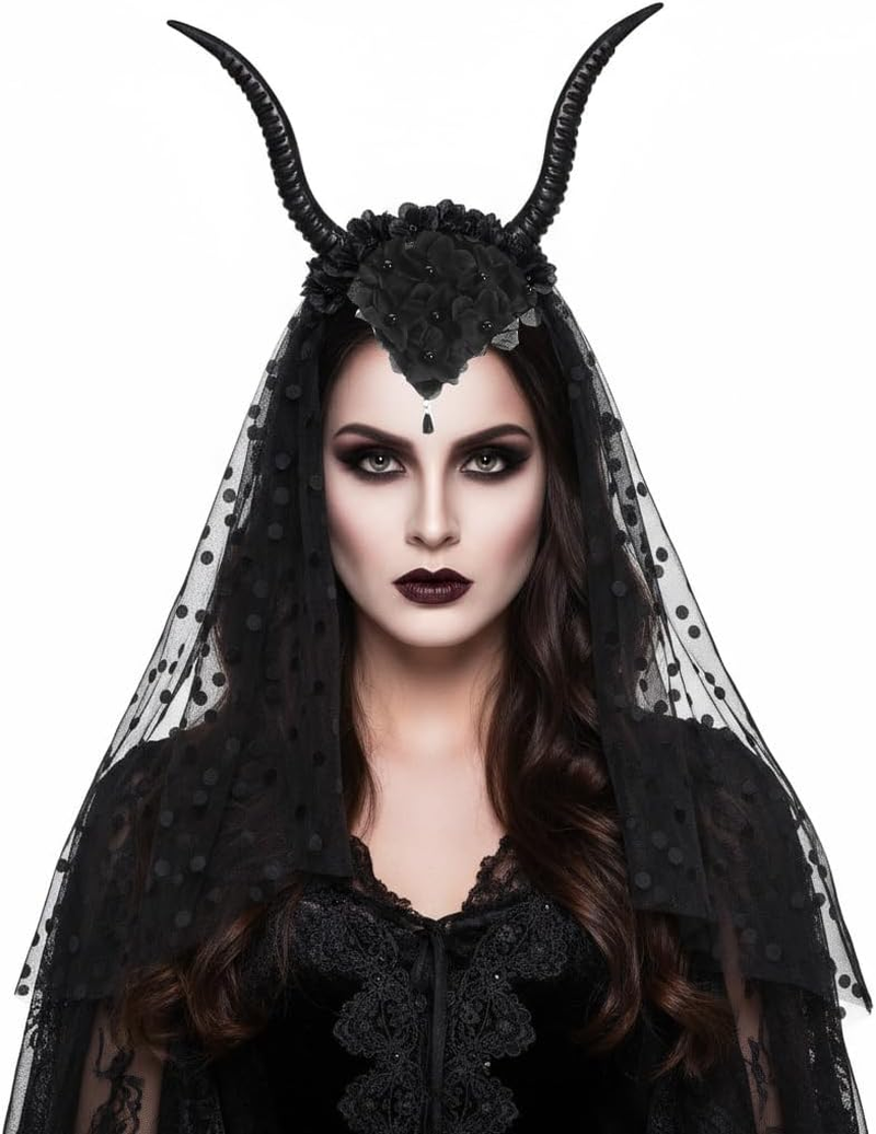 Healifty Goat Horns Headband Costume Cosplay: Gothic Queen Sheep Horns Headdress Halloween Demon Devil Headpiece with Black Mesh Veil image number 6
