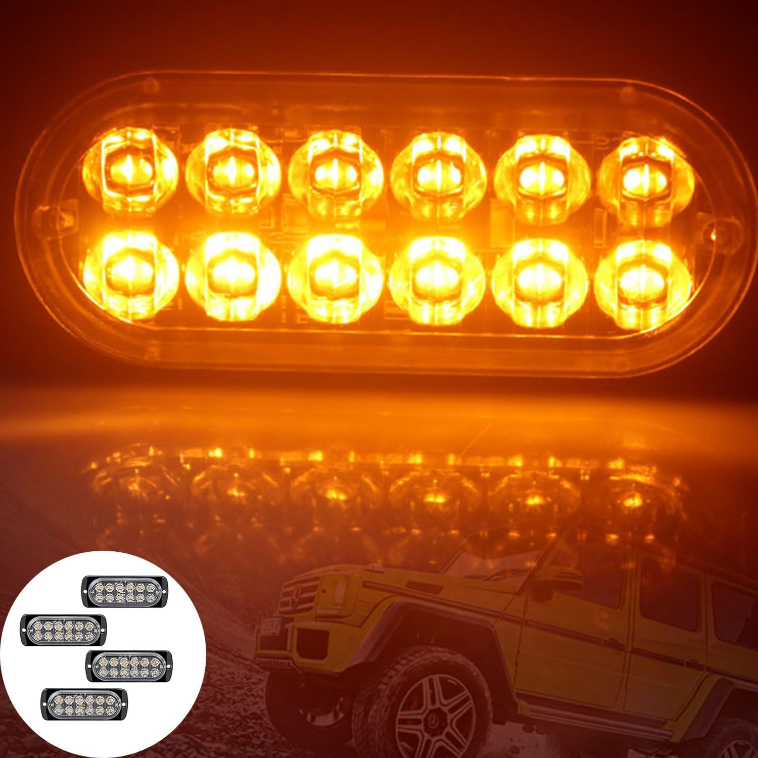 Roczential 4 PCS 12-LED Amber LED Strobe Lights, Super Bright Waterproof 12V-24V Ultra Slim Grill Lights for SUV Vehicle Truck Heavy Duty. image number 6