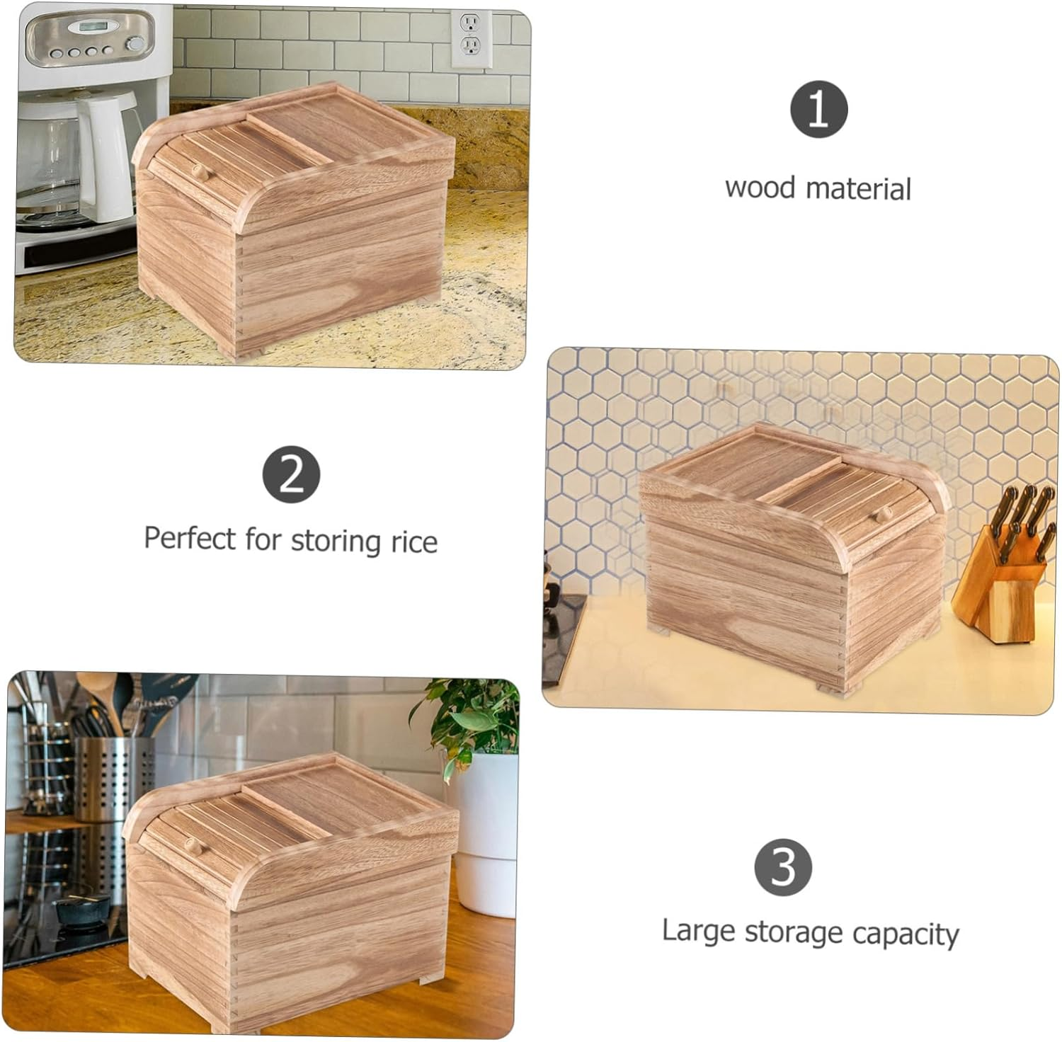 MOLUCKFU Sealed Solid Wood Rice Storage Container Large Food Bucket Moisture-Proof Kitchen Storage Bin Rolling Lid for Pantry Organization image number 4