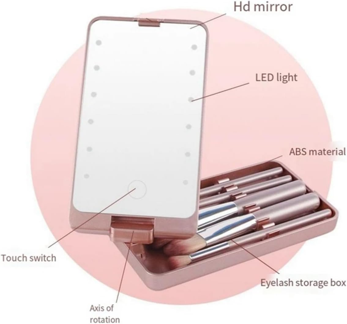 LED Portable Makeup Mirror with 5 Brushes, Rechargeable Travel Mirror Kit, Touch Sensor, Bright Adjustable Lighting, Compact Storage Case (Black) image number 3