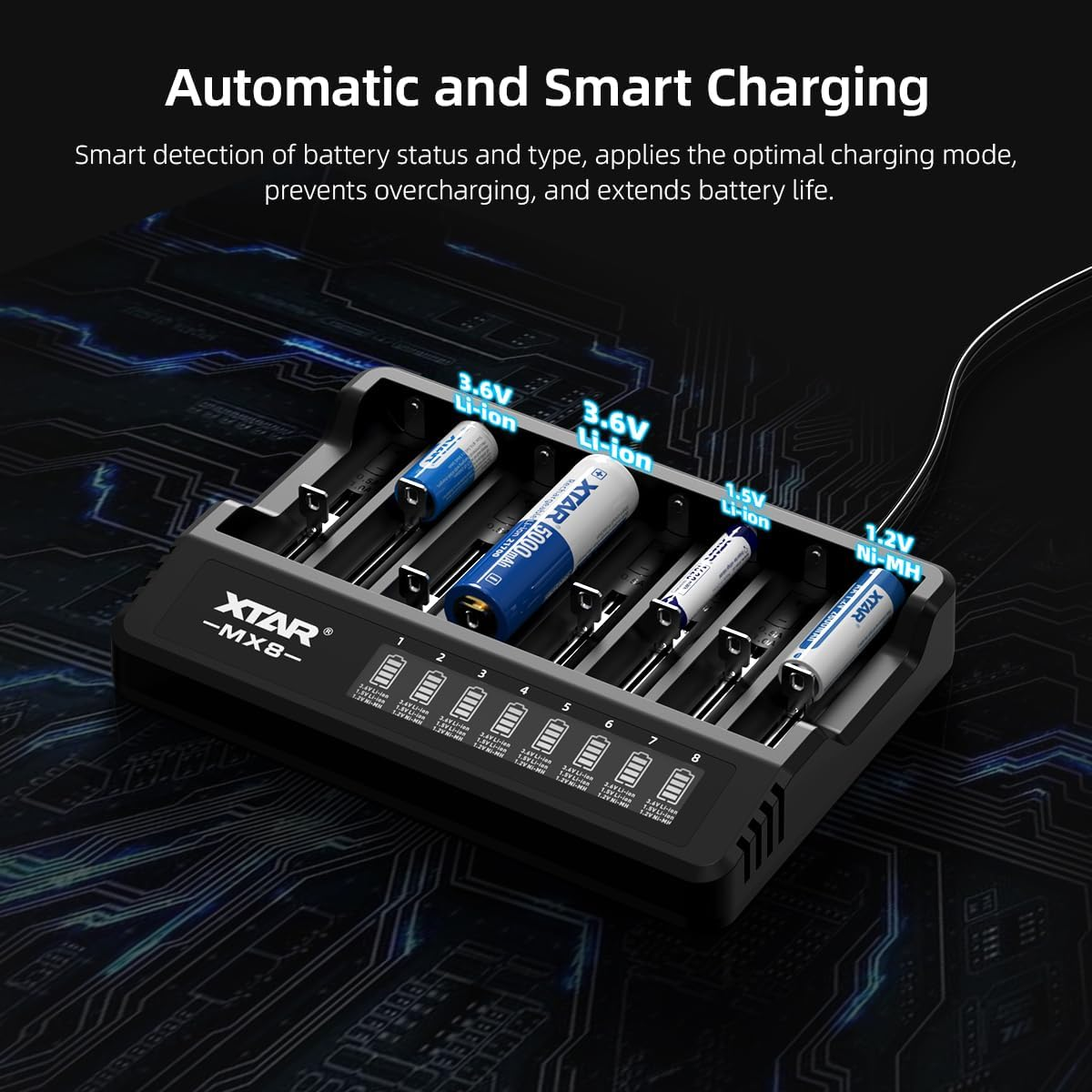 XTAR MX8 8 Bay Universal Battery Charger,Aaa/Aa Intelligent Charger with LCD Display for Rechargeable Batteries 3.7V Li-Ion 21700/18650/16340/14500 & 1.2V Nimh 1.5V Li-Ion AA AAA(MX8)