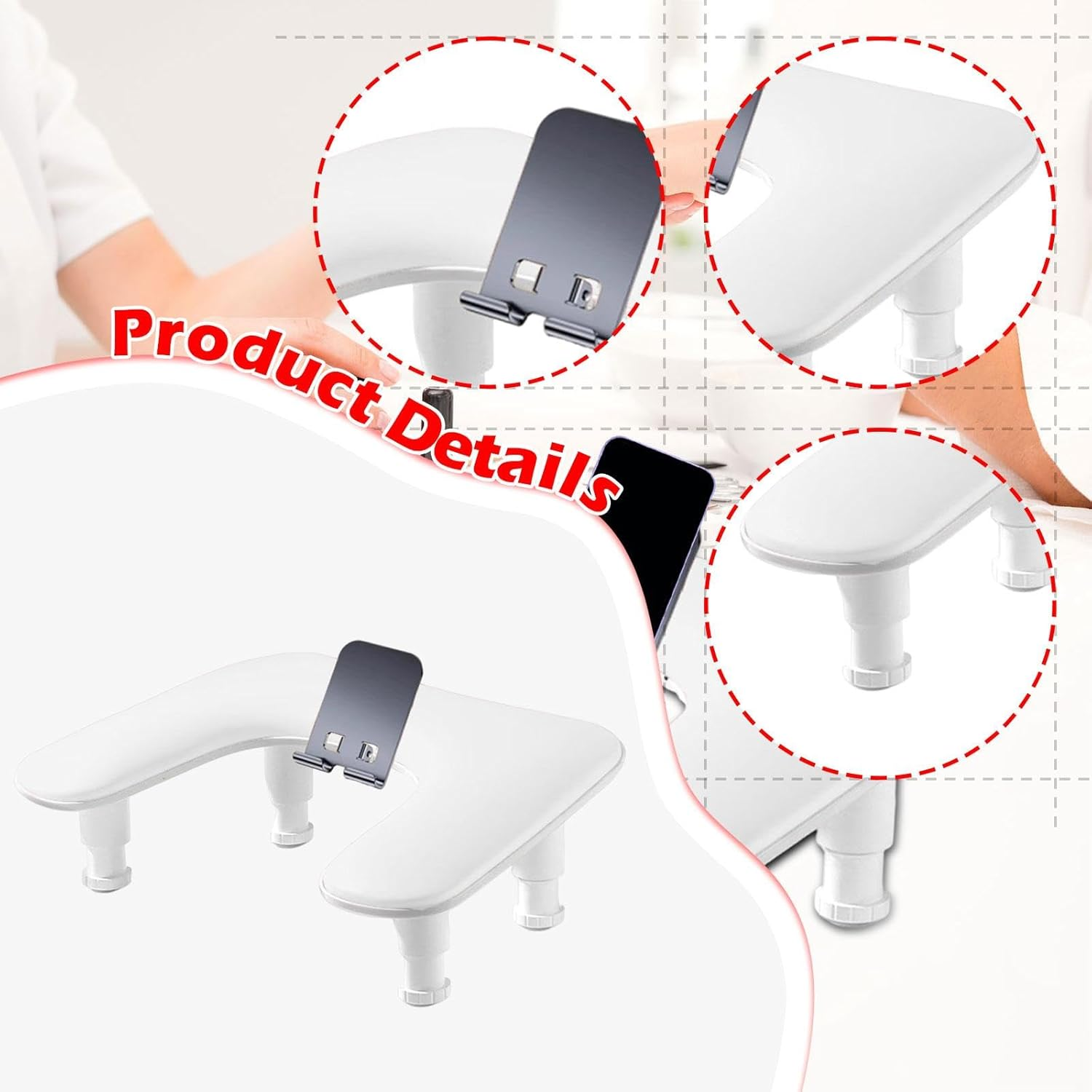 Perfeclan Nail Arm Rest Adjustable Height Premium Hand Cushion Durability Manicure Tool U Shaped with Phone Holder Nail Hand Rest Stand, White