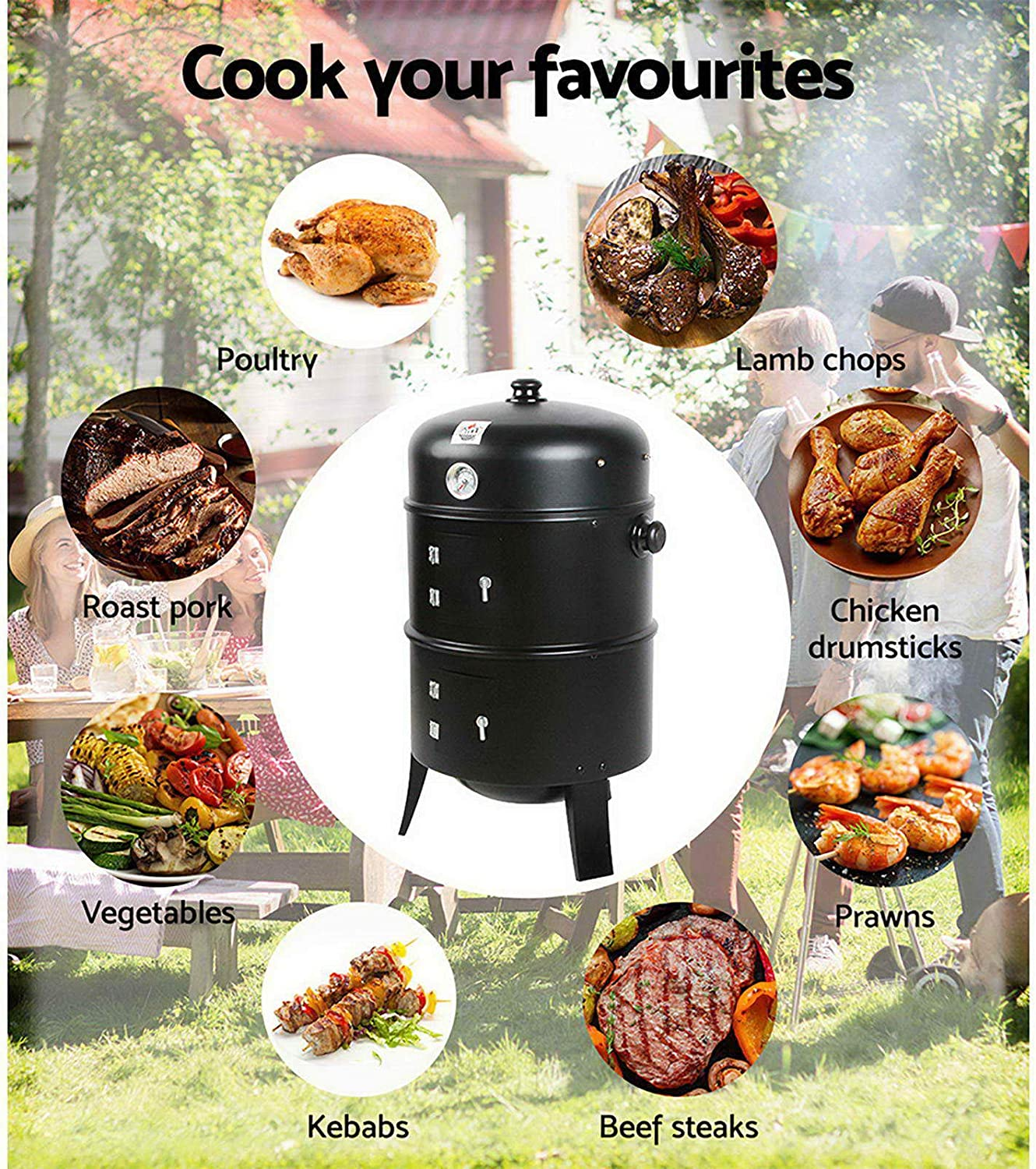 Grillz 3-In-1 Charcoal BBQ Smoker - Black image number 6