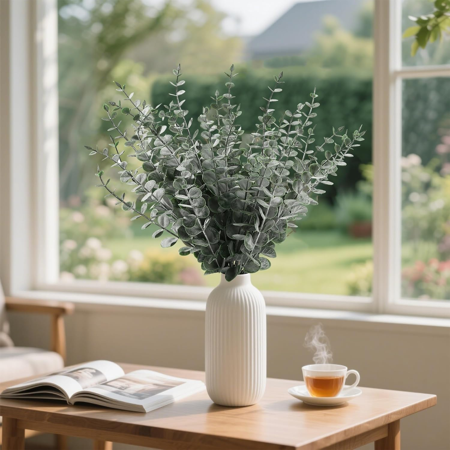 25Pcs Artificial Eucalyptus Stems Fake Leaves Greenery Stems, Realistic Fake Flowers for Home Office Decor, Wedding Bouquet, Centerpiece, Christmas, Fall, and Seasonal Decorations（Dark Green ） image number 2