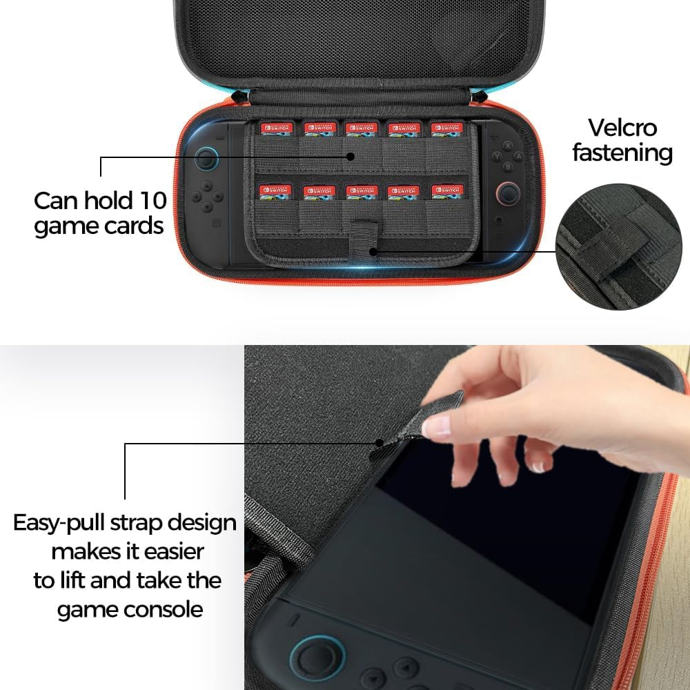 QUMOX Carrying Case Compatible with Switch 2 &ndash; Hard Shell Protective Travel Storage Pouch with Wrist Strap, Card Slots & Zipper Mesh Pocket &ndash; Fits Nintendo Switch 2 Console & Accessories image number 3