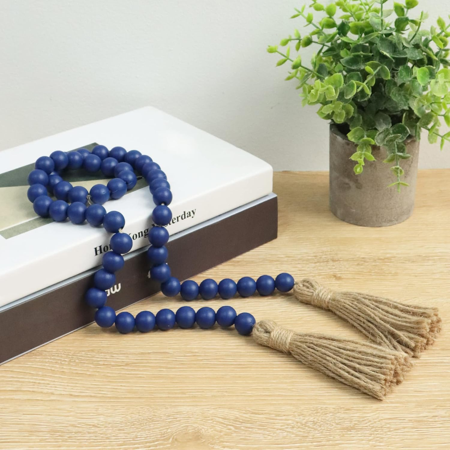 Meplait 39In Wood Bead Garland Farmhouse with Tassels,Versatile Prayer Beads Boho Chic Wall Hanging Home Decor (Navy Blue) - Blue image number 5