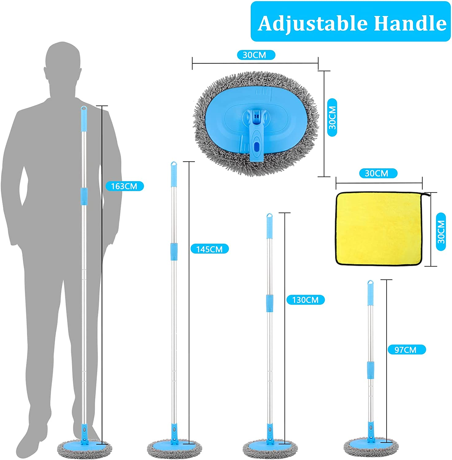 Bluefire 64'' Car Wash Brush Mop, Car Wash Cleaning Mop, 180&deg; Rotatable Wet and Dry Dual Use Cleaning Tool with Long Handle Kit for Washing Detailing Cars Truck, SUV, RV, Trailer(Blue) image number 3