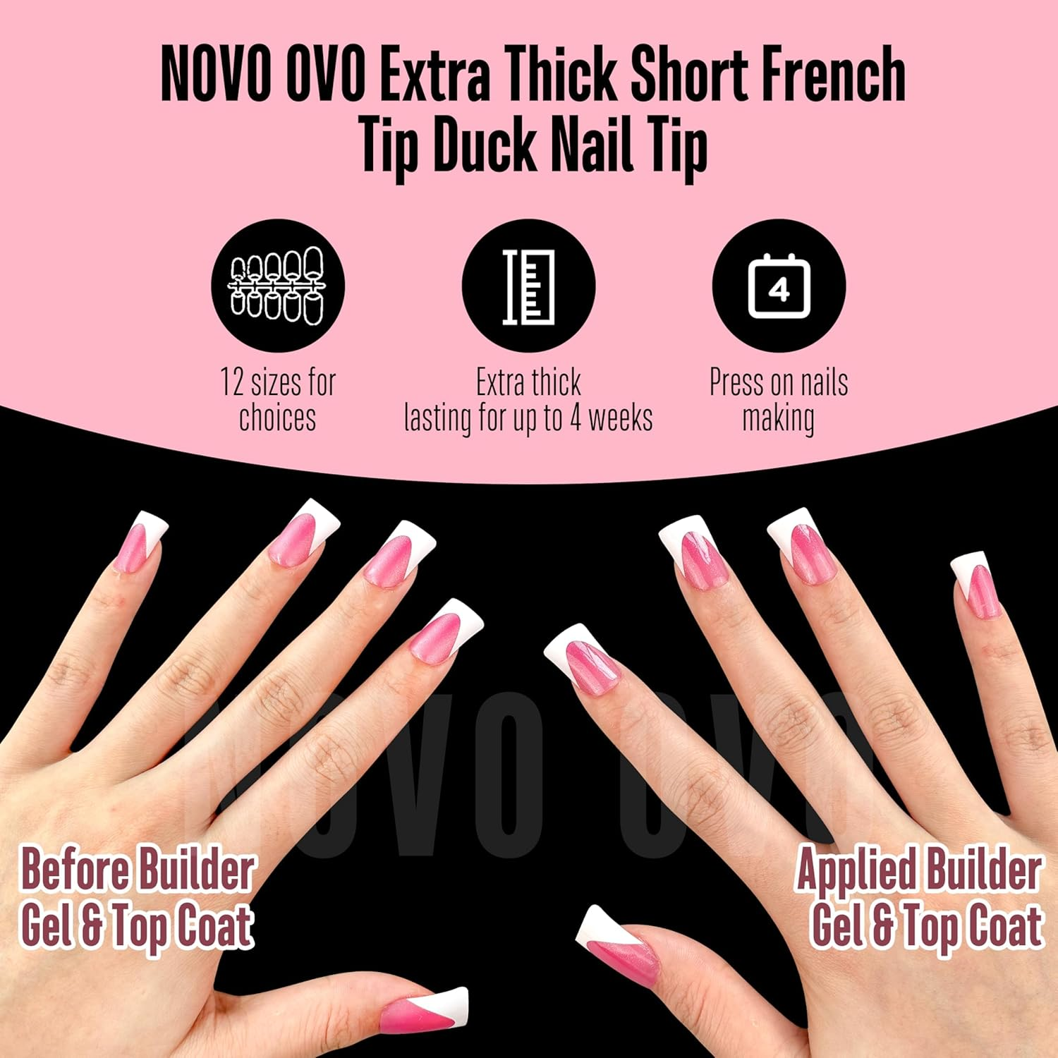 NOVO OVO Short Duck Nail Tips French Tip Press on ROSE PINK with Glitter, Pre-Designed Soft Gel Nail Extension, Pre-Applied Tip Base Coat, Full Cover Acrylic False Nails for DIY X 12 Sizes 240 Pcs