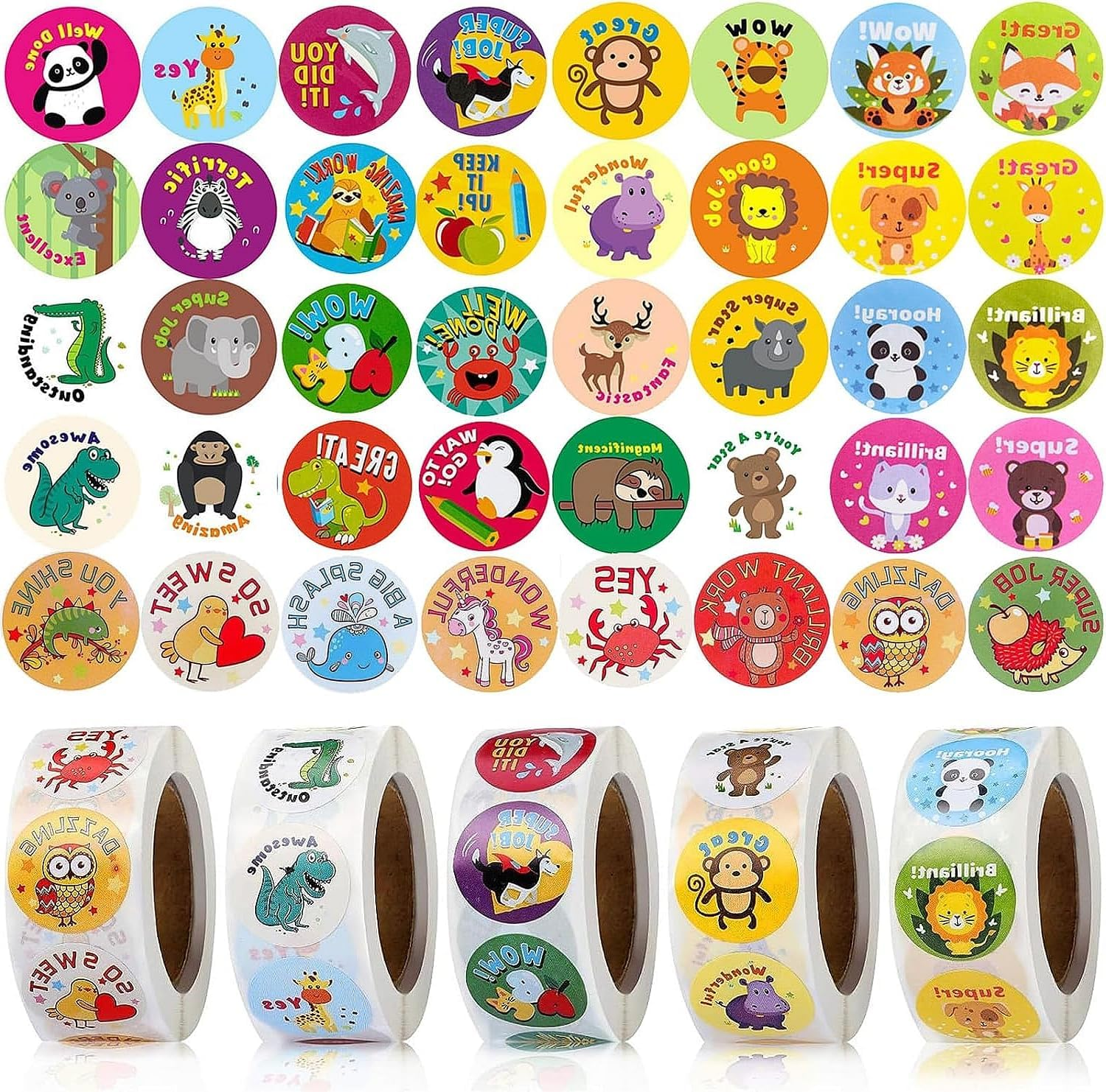 2500 Teacher Bonus Stickers for Children'S School - Animal Cartoon Paper Stickers 1 Inch - 5 Rolls 40 Labels image number 5
