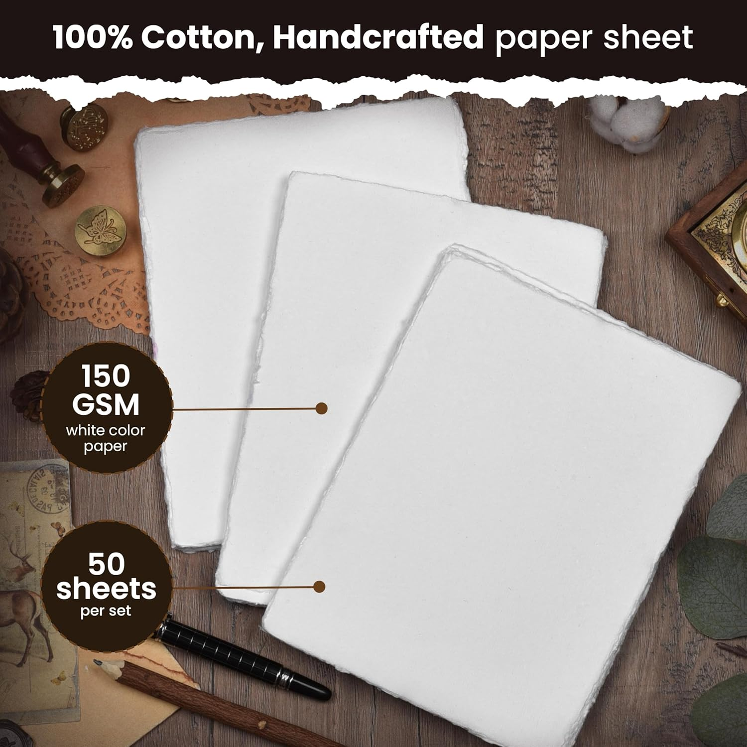 LEATHER VILLAGE Watercolor Paper Mixed Media 150 GSM Thick Deckle Edge Virgin Cotton (S, off White) image number 6