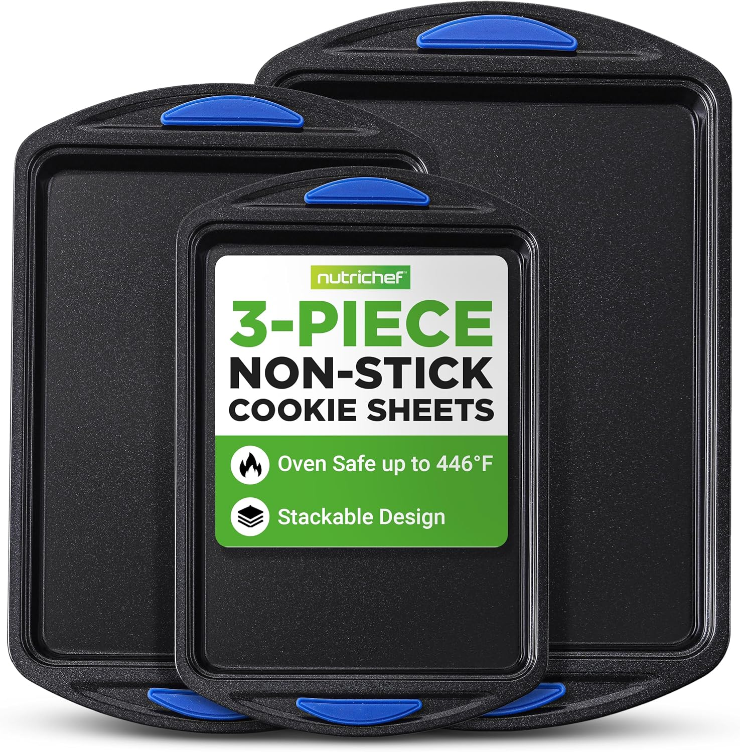 3 Piece Baking Pan Set - PFOA, PFOS, PTFE Free Flexible Nonstick Carbon Steel Bakeware Set - Home Kitchenbake Pan Cookie Sheet Stackable Baking Tray Set W/Blue Silicone Handles - NCBK3S image number 4