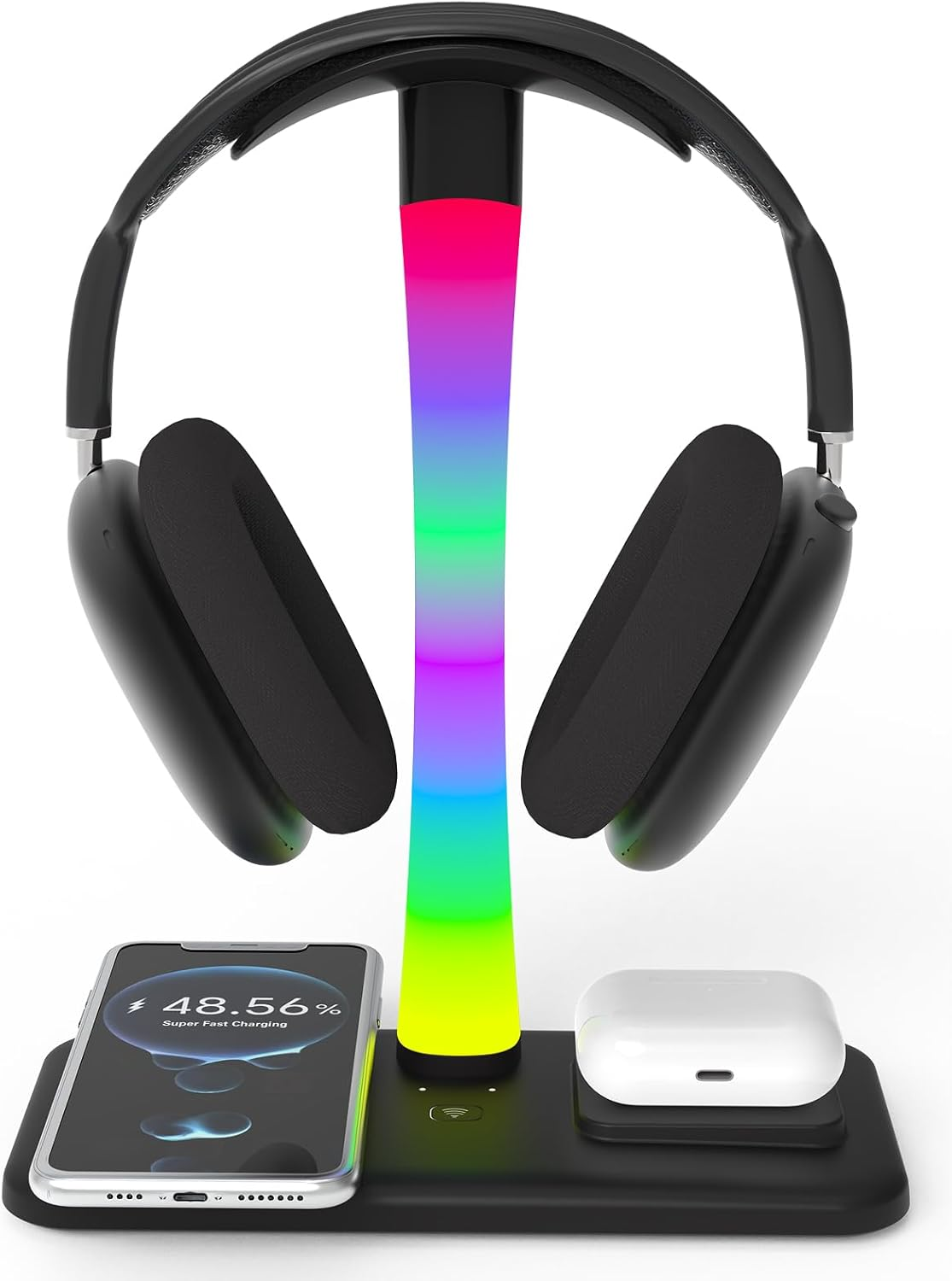 Headphone Stand with Wireless Charger,Gaming Headset Stand with RGB Light Mode,Airpod Max Stand Compatible with Airpod Pro/3/2,Iphone 16/15/14/13/12/11,Samsung,Gifts for Gamers & Music Lover (Black)