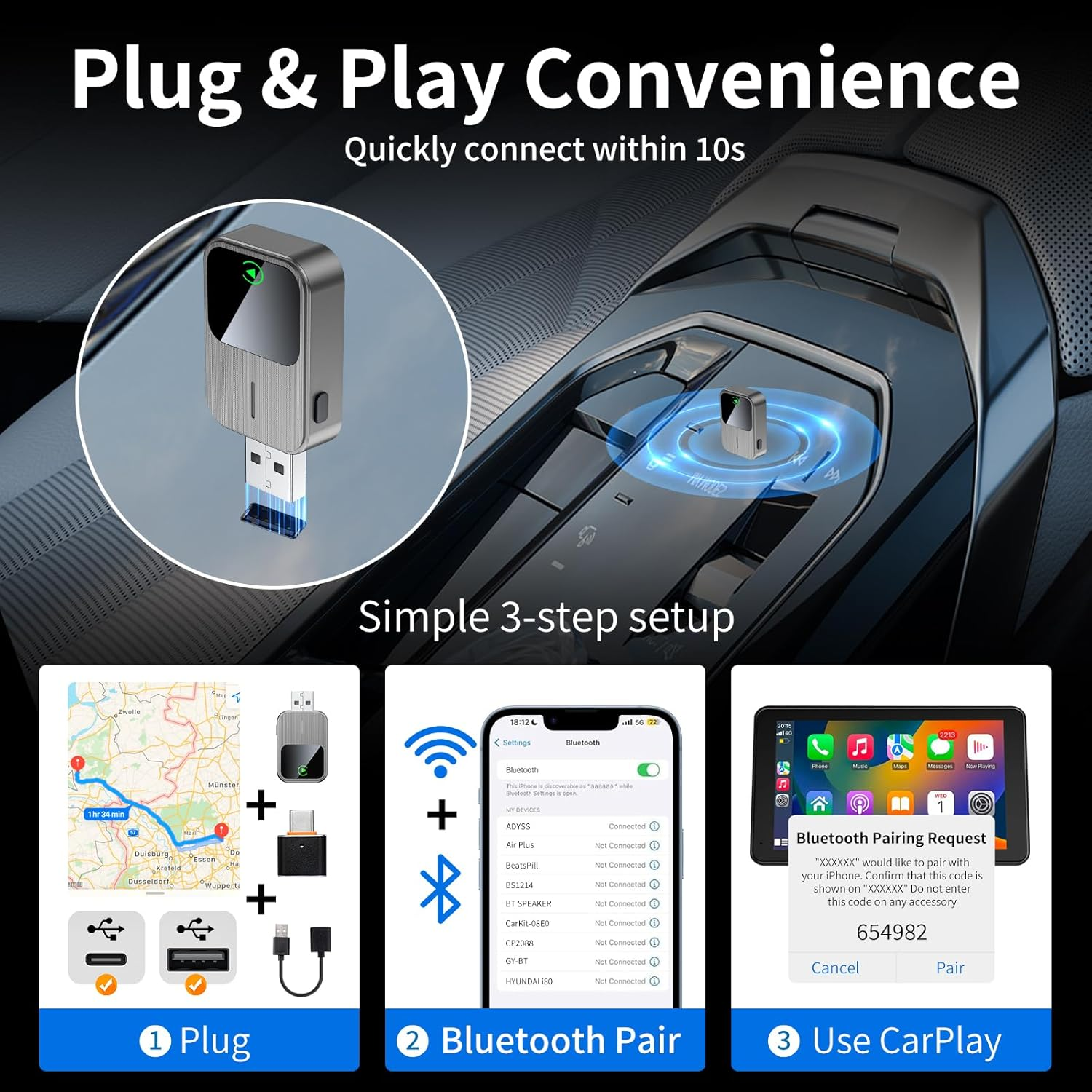 Wireless Carplay Adapter - Convert Wired to Wireless Carplay, Plug & Play Auto Connect for Iphone, Compact Mini Size with Reset Button for Cars from 2016 & for Apple Iphone Ios 12+ - Grey image number 3