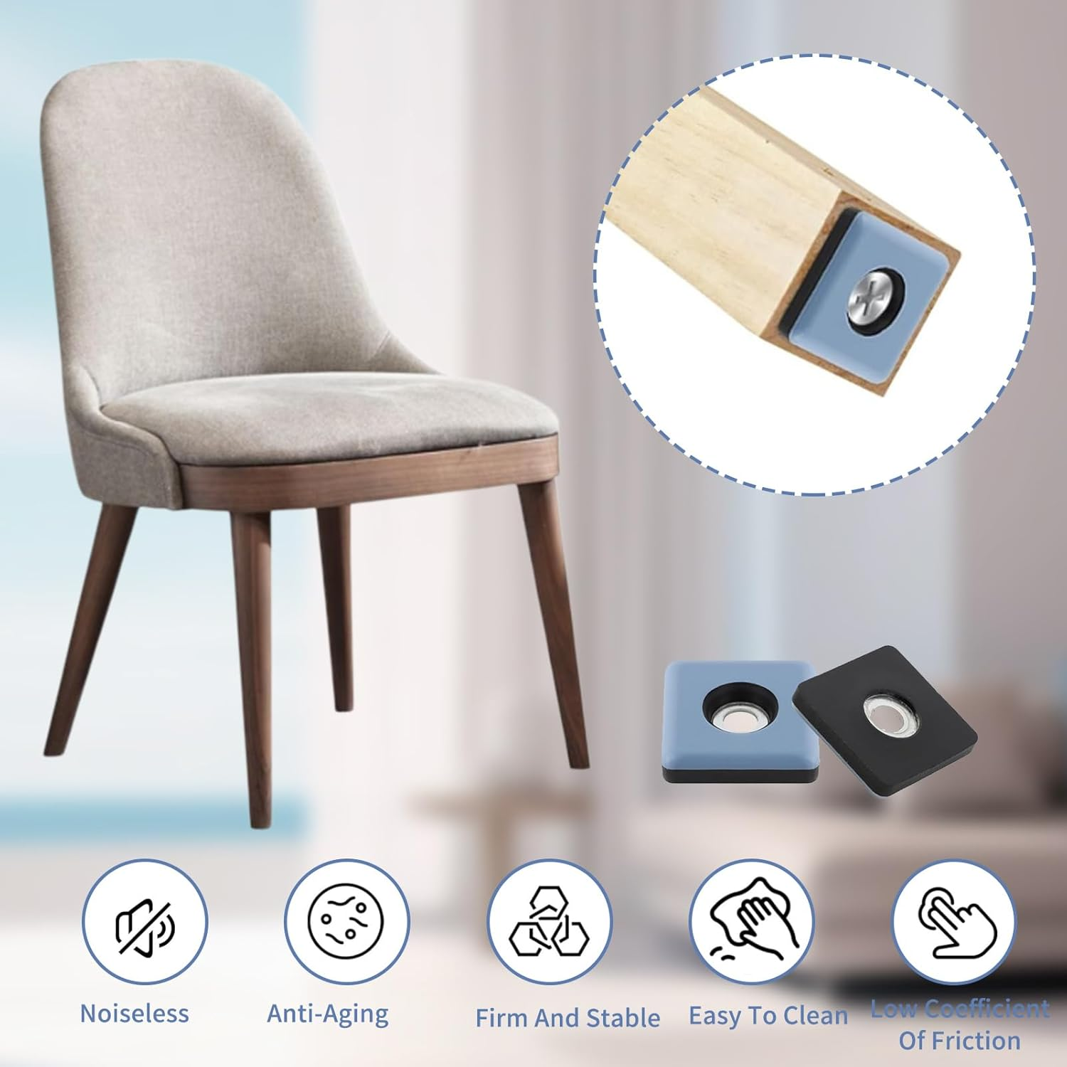 Pack of 24 Teflon Glides, for Screwing 25 X 25 Mm, Teflon Furniture Gliders, for Heavy Furniture, Square Furniture Sliders with Stainless Steel Screws for Furniture Armchair Legs image number 1